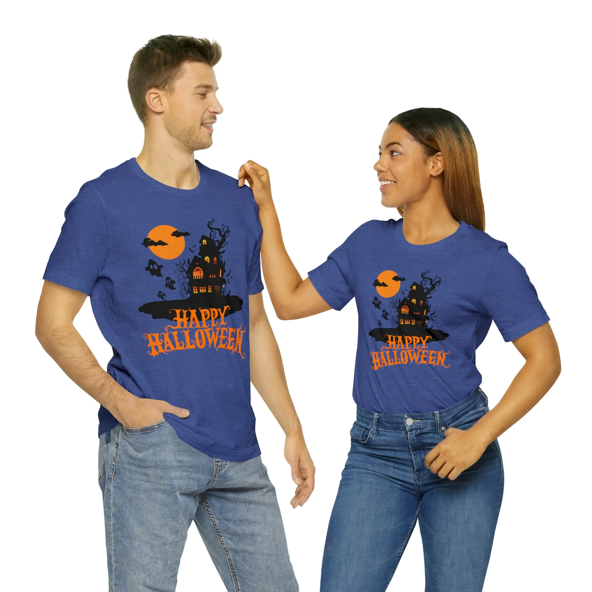 Happy Halloween Haunted House with Bats T-Shirt | Orange and Black Scary Tee |  Bella Canvas 3001Unisex | Creepy Short Sleeve Tshirt