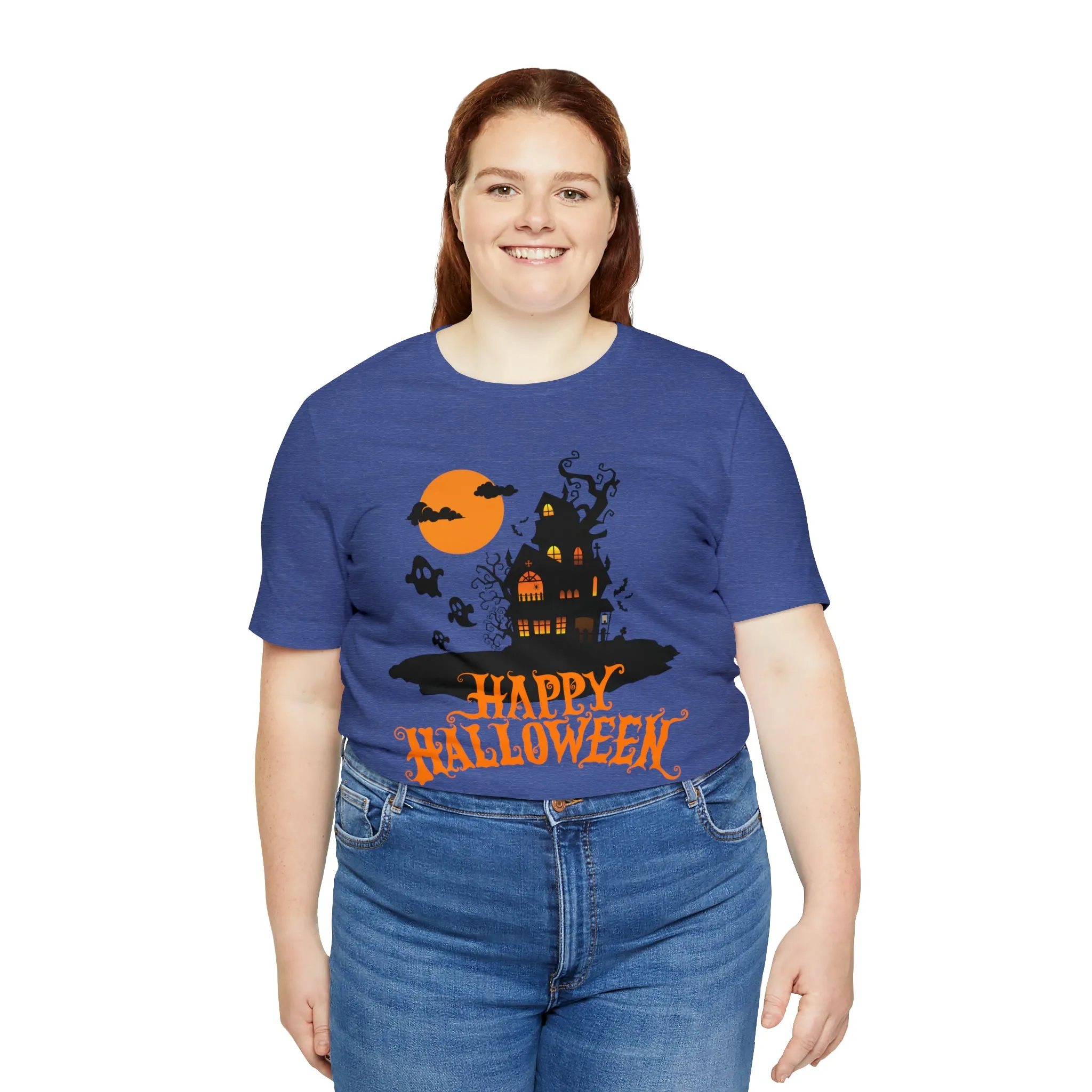Happy Halloween Haunted House with Bats T-Shirt | Orange and Black Scary Tee |  Bella Canvas 3001Unisex | Creepy Short Sleeve Tshirt