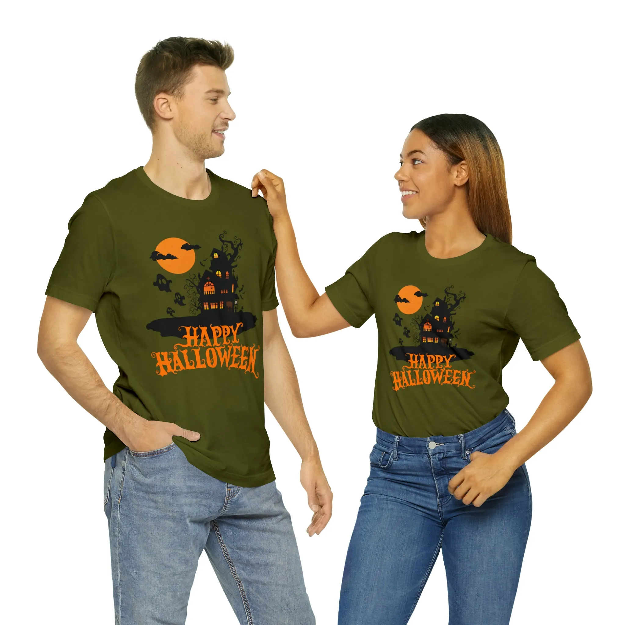 Happy Halloween Haunted House with Bats T-Shirt | Orange and Black Scary Tee |  Bella Canvas 3001Unisex | Creepy Short Sleeve Tshirt
