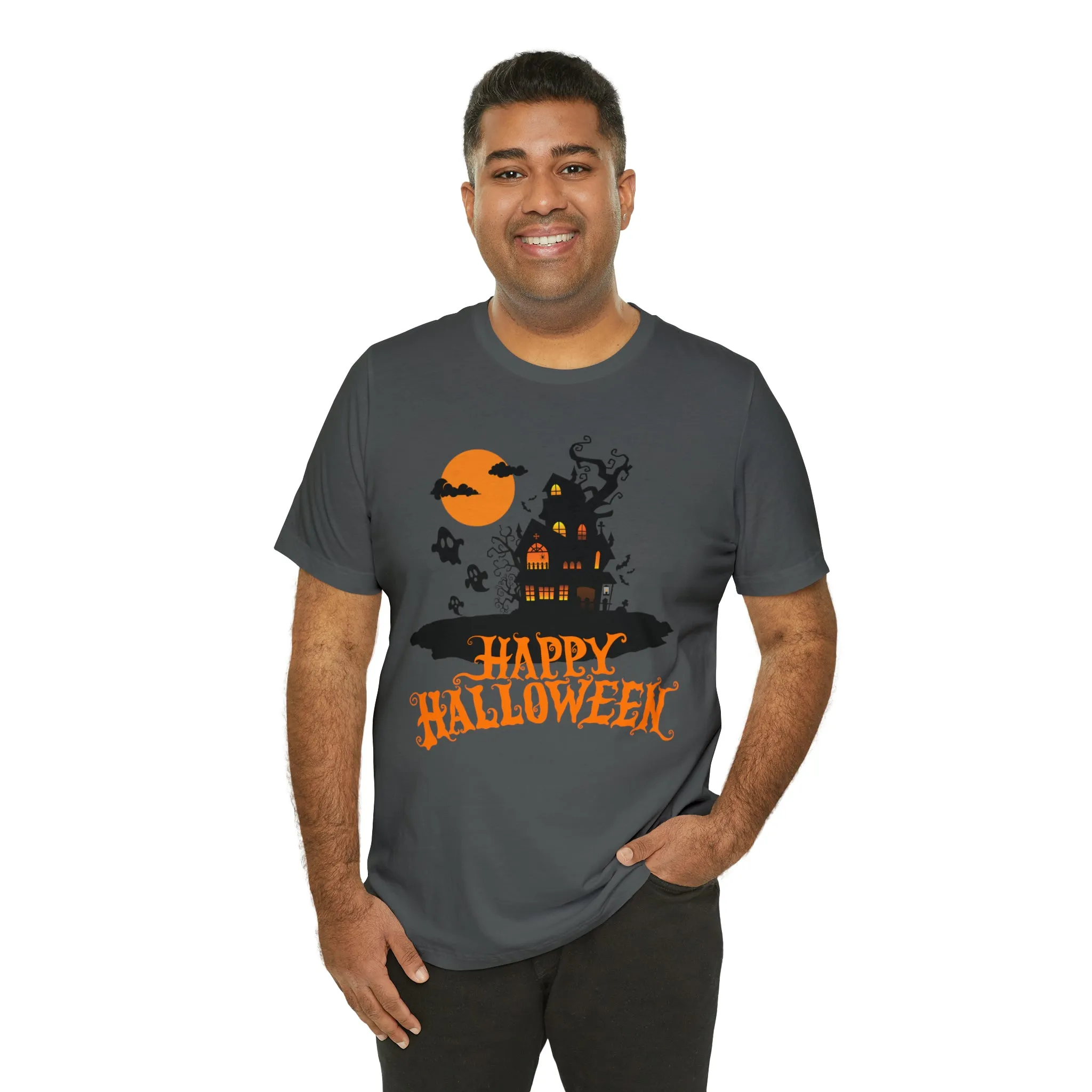 Happy Halloween Haunted House with Bats T-Shirt | Orange and Black Scary Tee |  Bella Canvas 3001Unisex | Creepy Short Sleeve Tshirt