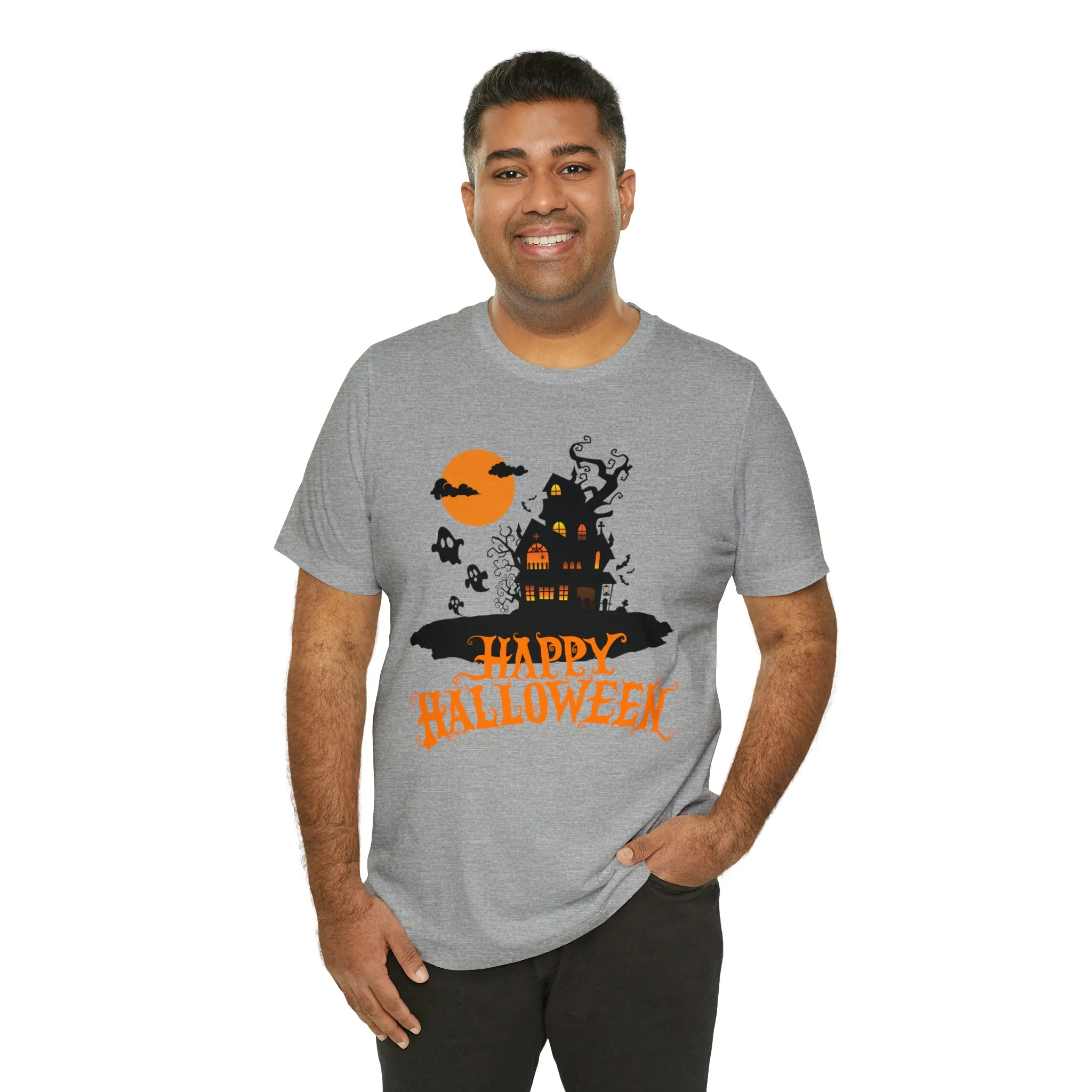 Happy Halloween Haunted House with Bats T-Shirt | Orange and Black Scary Tee |  Bella Canvas 3001Unisex | Creepy Short Sleeve Tshirt