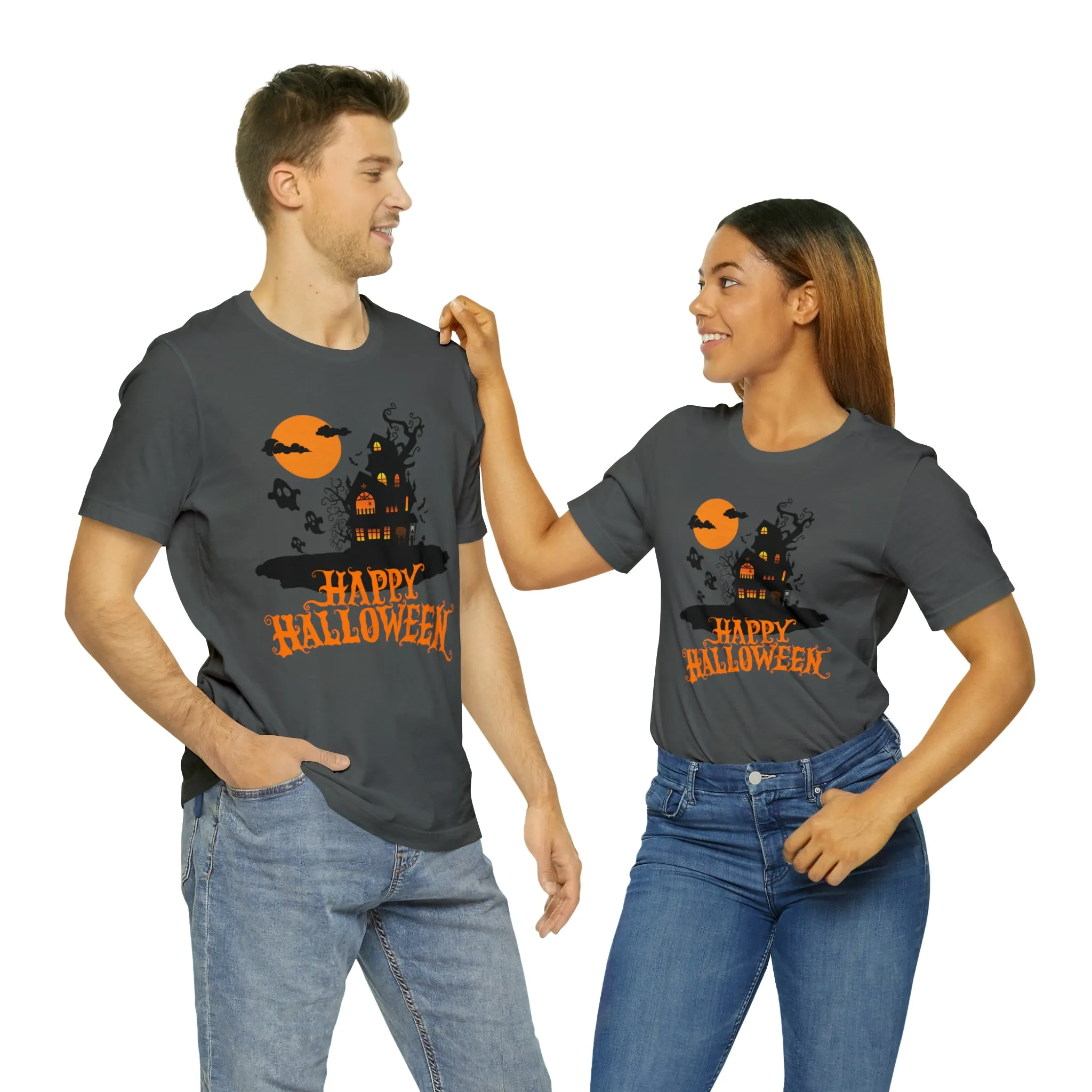 Happy Halloween Haunted House with Bats T-Shirt | Orange and Black Scary Tee |  Bella Canvas 3001Unisex | Creepy Short Sleeve Tshirt