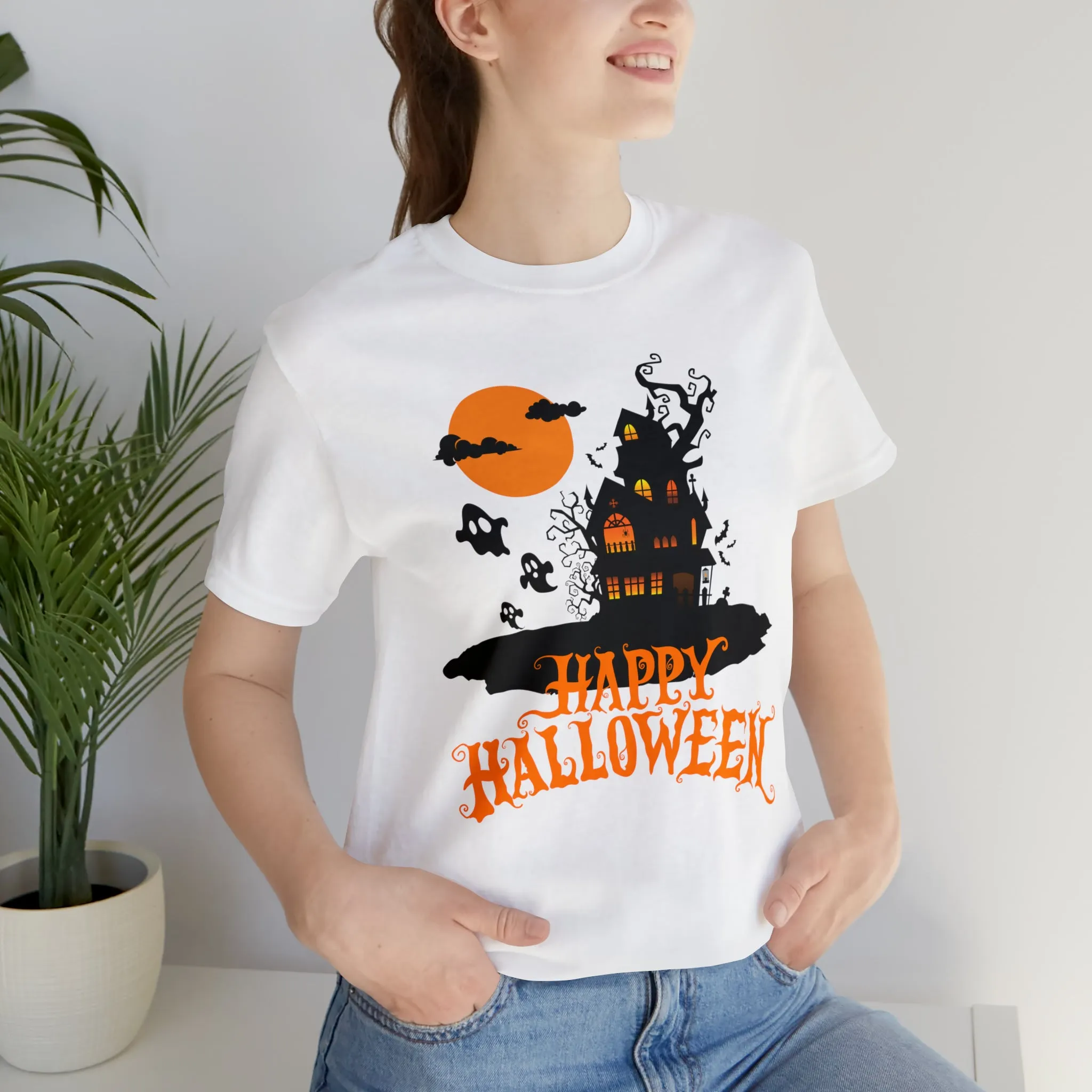 Happy Halloween Haunted House with Bats T-Shirt | Orange and Black Scary Tee |  Bella Canvas 3001Unisex | Creepy Short Sleeve Tshirt