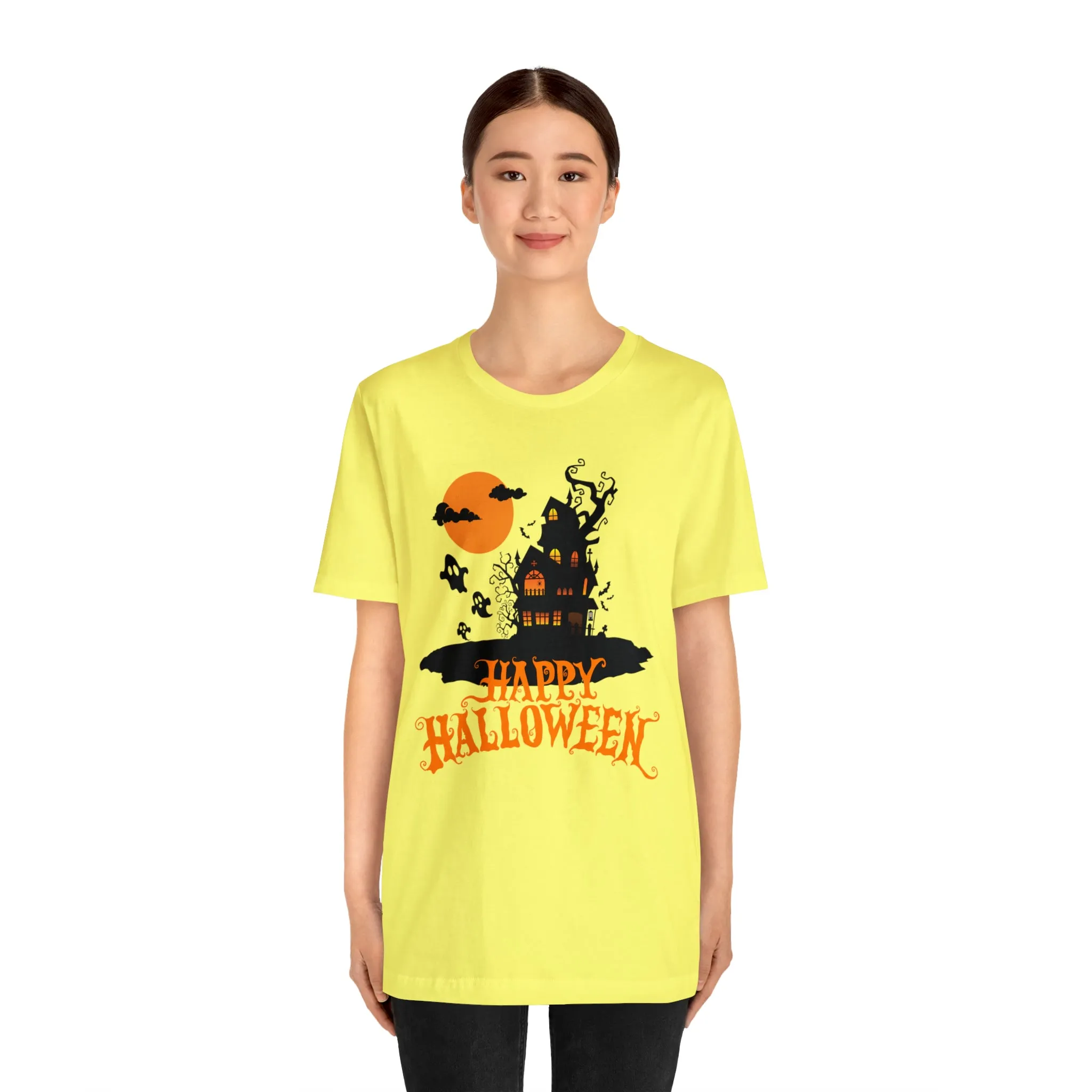 Happy Halloween Haunted House with Bats T-Shirt | Orange and Black Scary Tee |  Bella Canvas 3001Unisex | Creepy Short Sleeve Tshirt