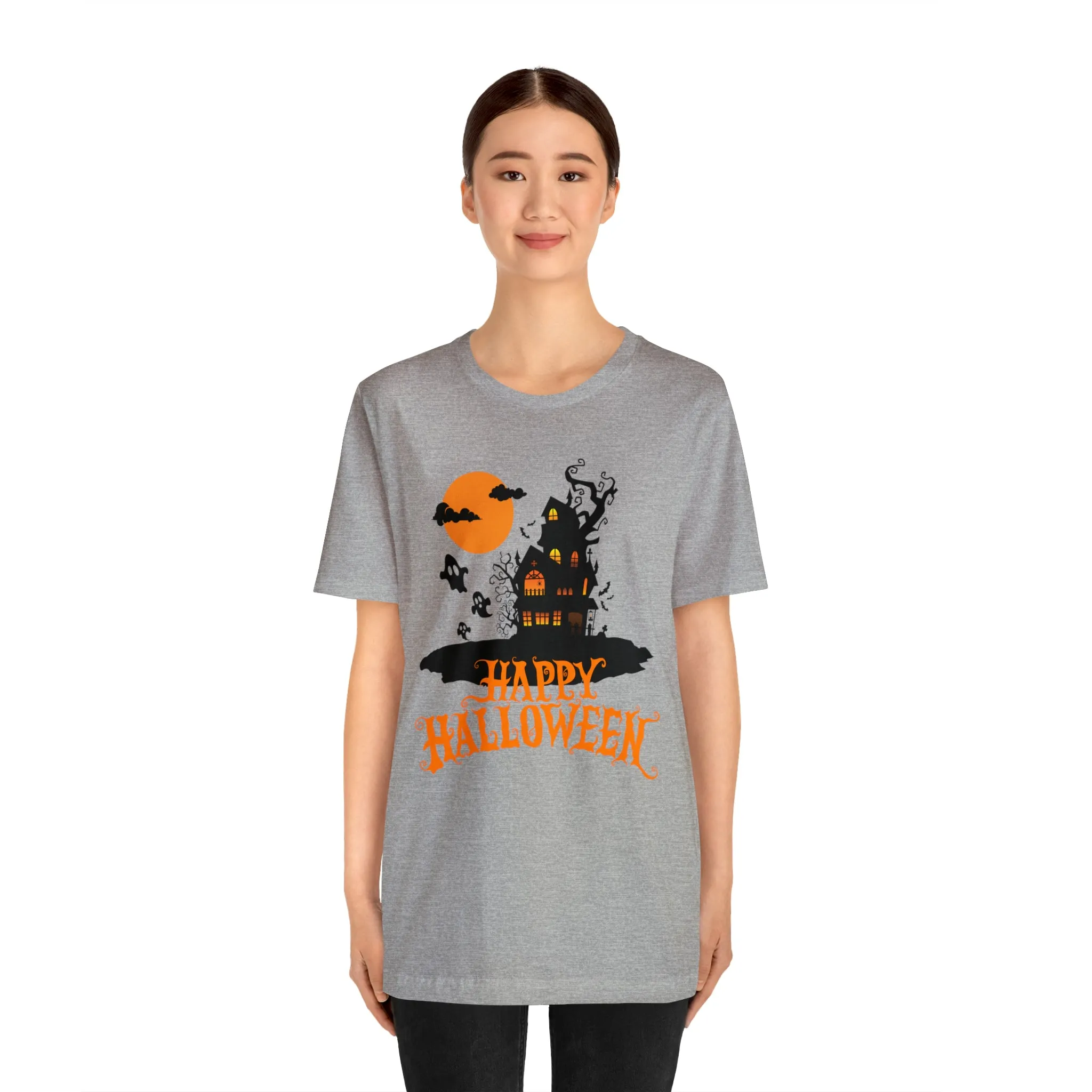 Happy Halloween Haunted House with Bats T-Shirt | Orange and Black Scary Tee |  Bella Canvas 3001Unisex | Creepy Short Sleeve Tshirt