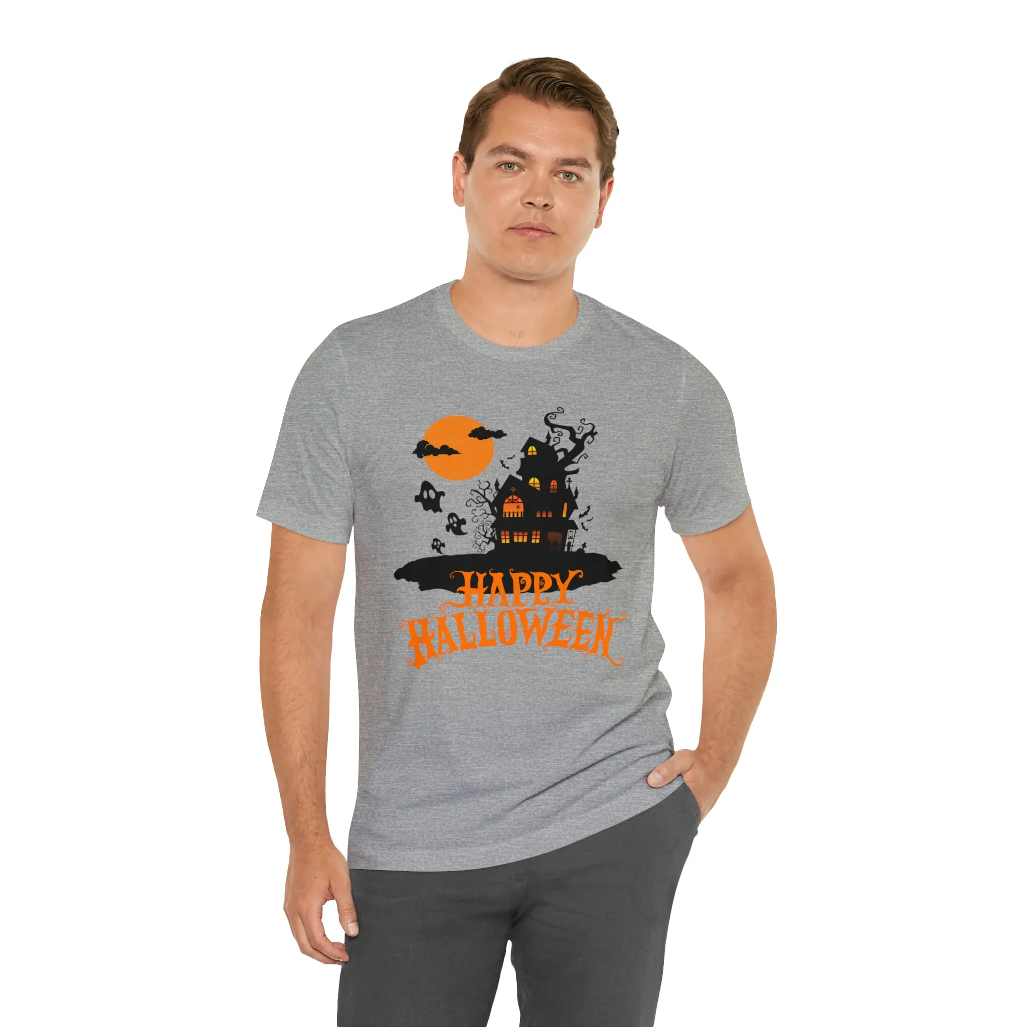 Happy Halloween Haunted House with Bats T-Shirt | Orange and Black Scary Tee |  Bella Canvas 3001Unisex | Creepy Short Sleeve Tshirt