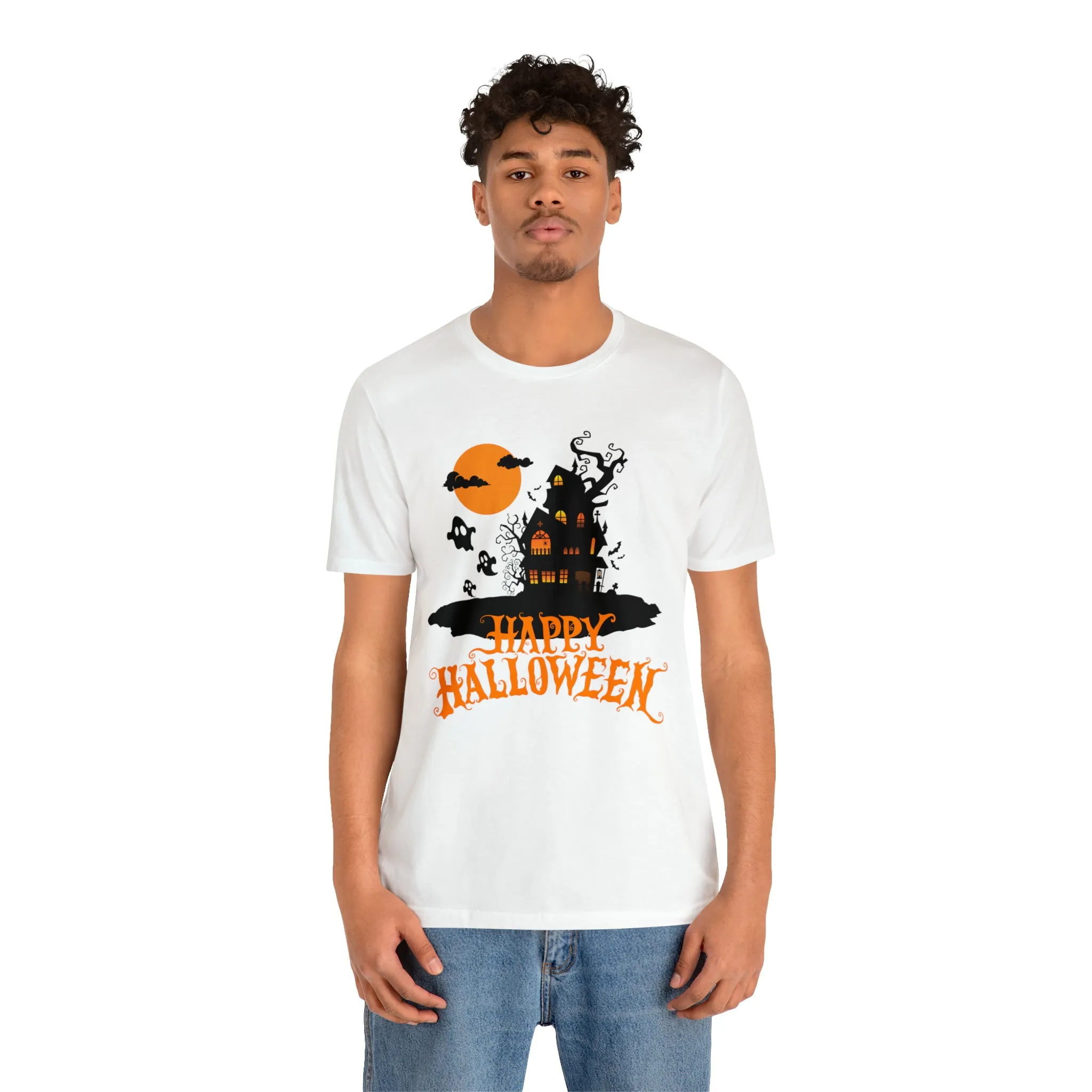 Happy Halloween Haunted House with Bats T-Shirt | Orange and Black Scary Tee |  Bella Canvas 3001Unisex | Creepy Short Sleeve Tshirt
