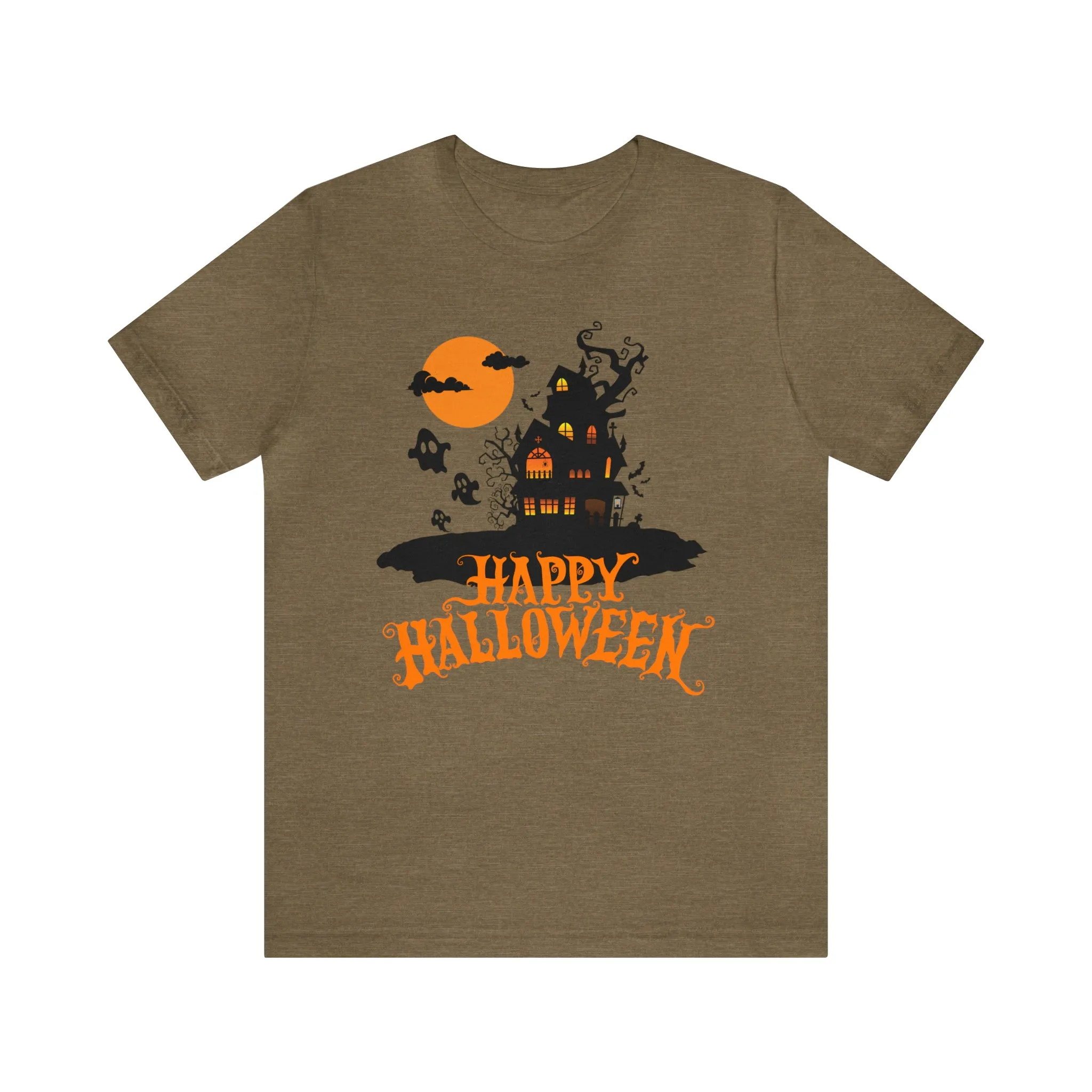 Happy Halloween Haunted House with Bats T-Shirt | Orange and Black Scary Tee |  Bella Canvas 3001Unisex | Creepy Short Sleeve Tshirt