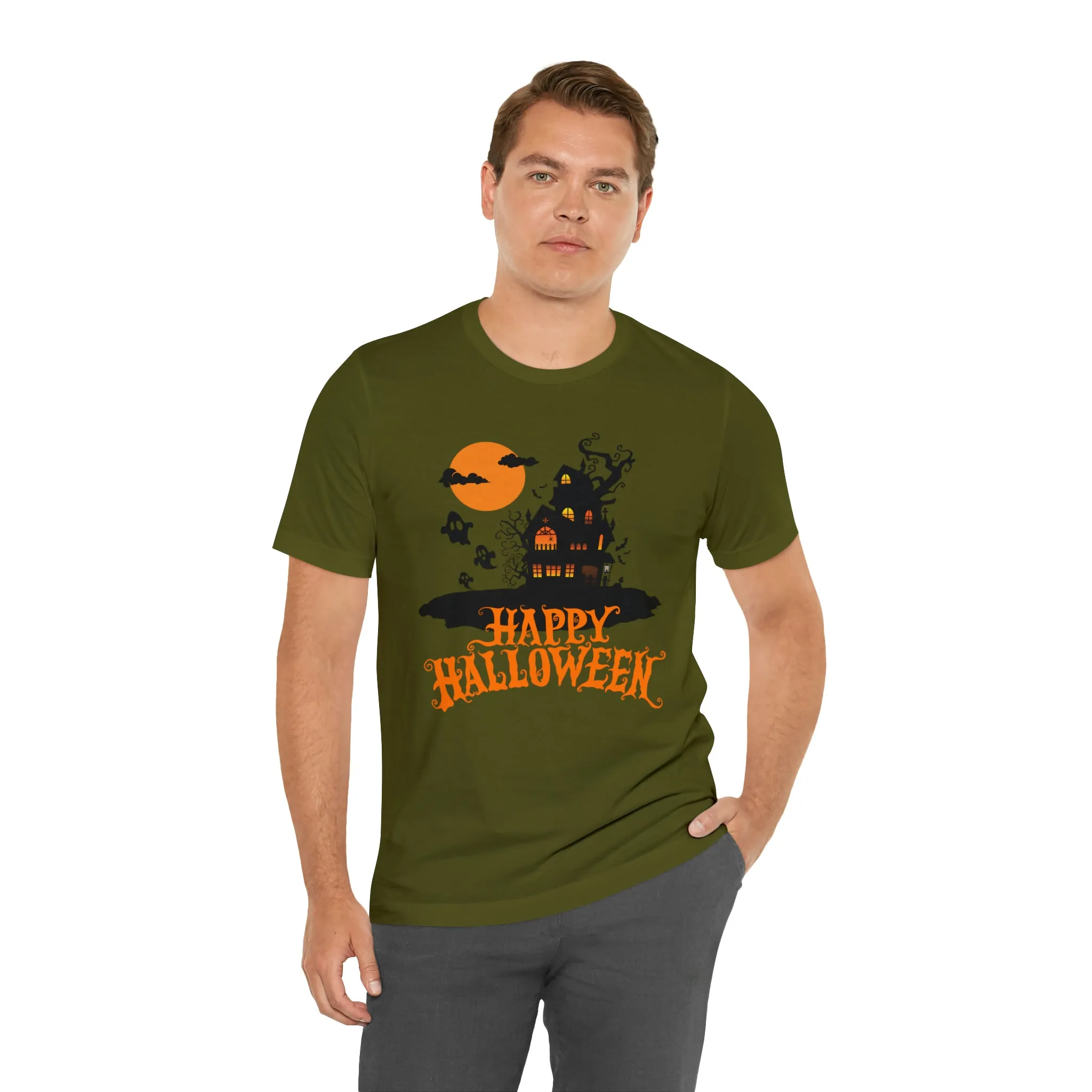 Happy Halloween Haunted House with Bats T-Shirt | Orange and Black Scary Tee |  Bella Canvas 3001Unisex | Creepy Short Sleeve Tshirt