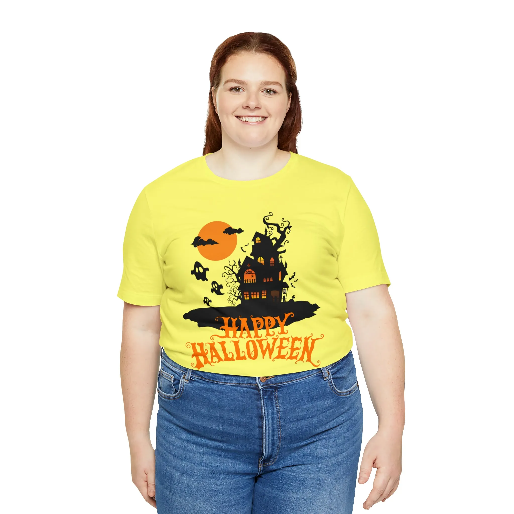 Happy Halloween Haunted House with Bats T-Shirt | Orange and Black Scary Tee |  Bella Canvas 3001Unisex | Creepy Short Sleeve Tshirt