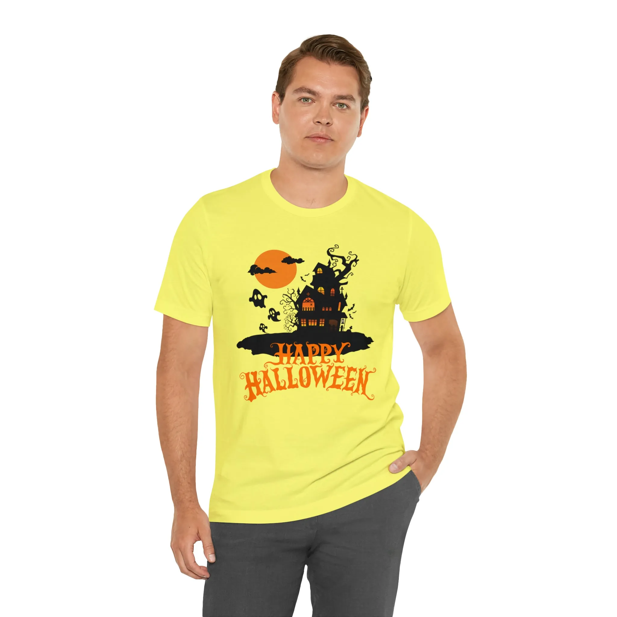 Happy Halloween Haunted House with Bats T-Shirt | Orange and Black Scary Tee |  Bella Canvas 3001Unisex | Creepy Short Sleeve Tshirt