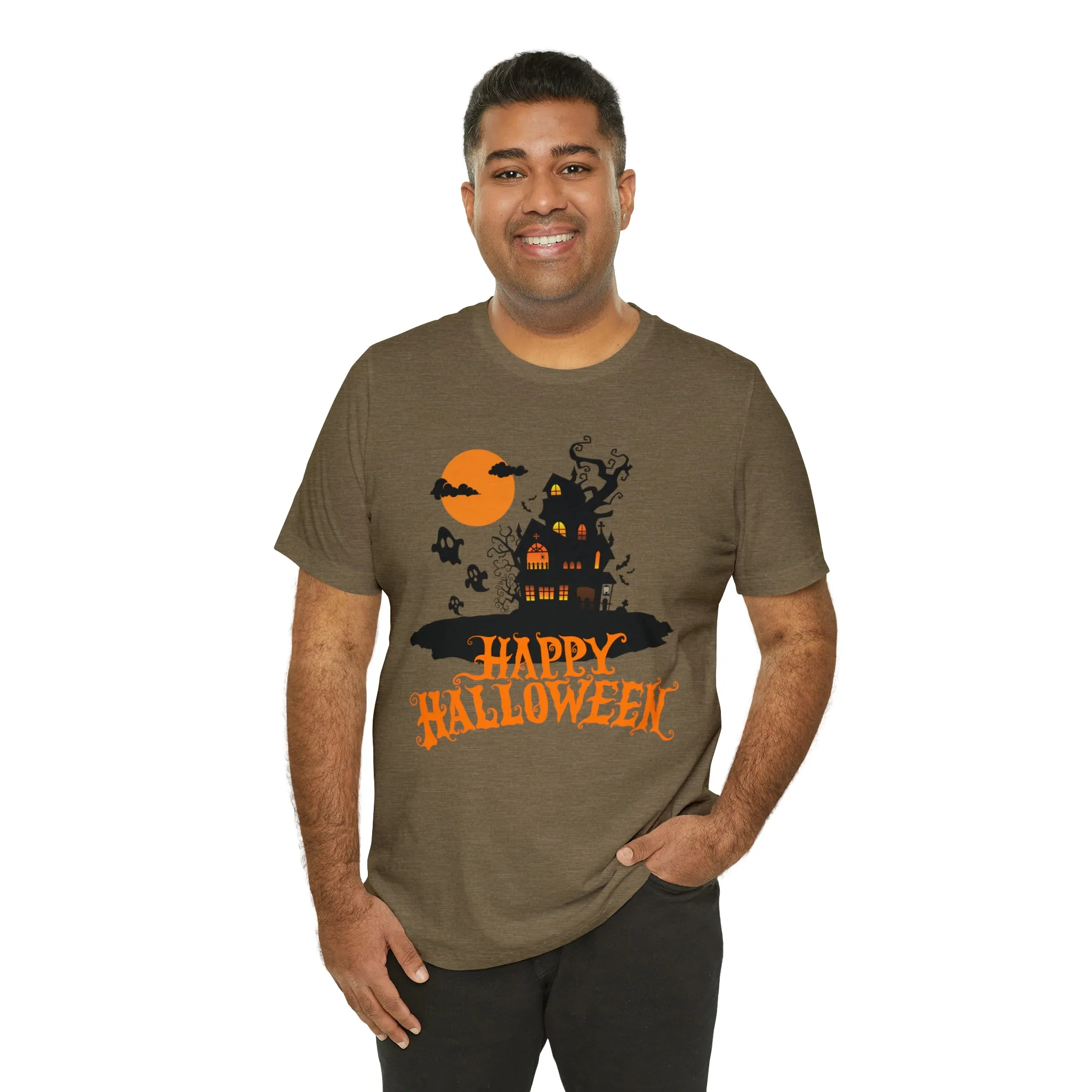 Happy Halloween Haunted House with Bats T-Shirt | Orange and Black Scary Tee |  Bella Canvas 3001Unisex | Creepy Short Sleeve Tshirt