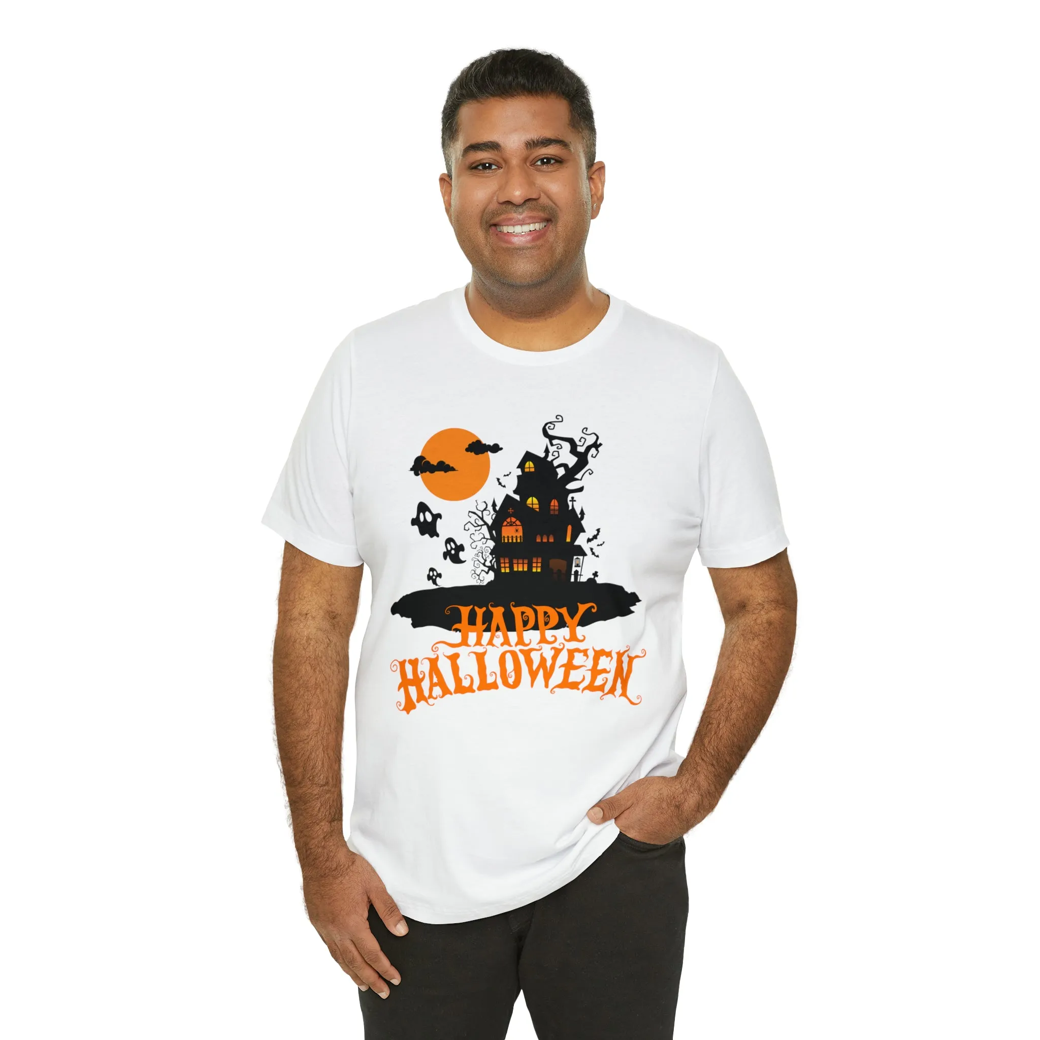 Happy Halloween Haunted House with Bats T-Shirt | Orange and Black Scary Tee |  Bella Canvas 3001Unisex | Creepy Short Sleeve Tshirt