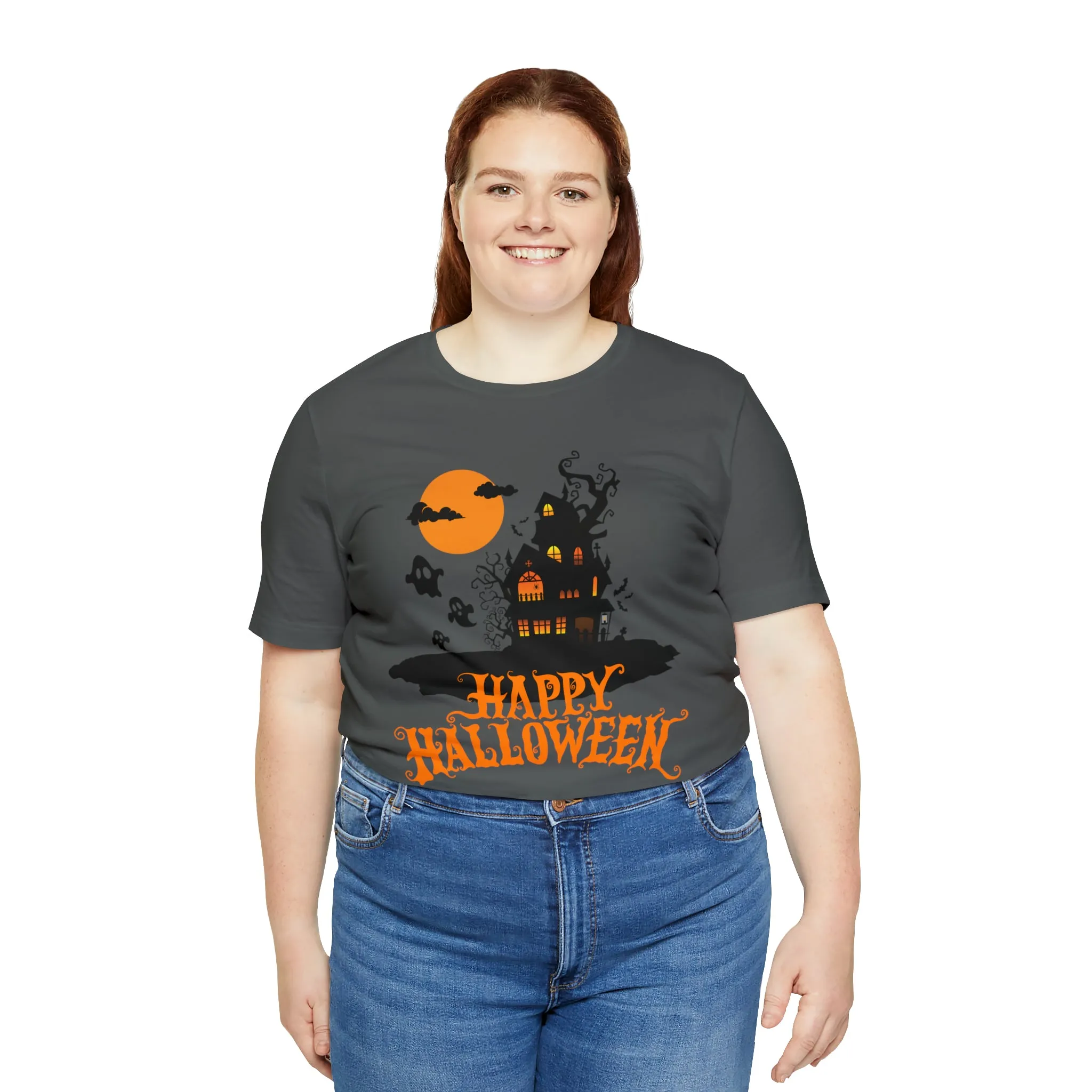 Happy Halloween Haunted House with Bats T-Shirt | Orange and Black Scary Tee |  Bella Canvas 3001Unisex | Creepy Short Sleeve Tshirt