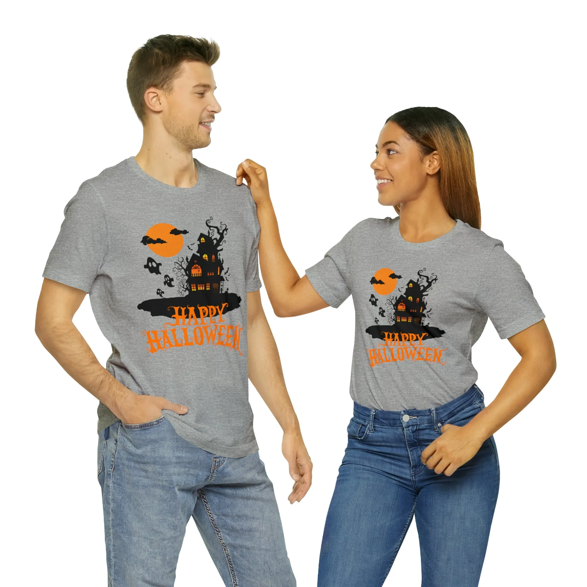 Happy Halloween Haunted House with Bats T-Shirt | Orange and Black Scary Tee |  Bella Canvas 3001Unisex | Creepy Short Sleeve Tshirt