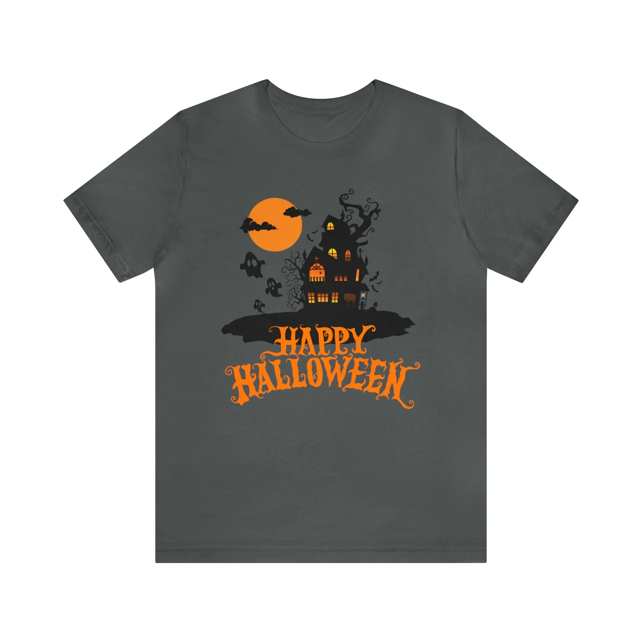 Happy Halloween Haunted House with Bats T-Shirt | Orange and Black Scary Tee |  Bella Canvas 3001Unisex | Creepy Short Sleeve Tshirt