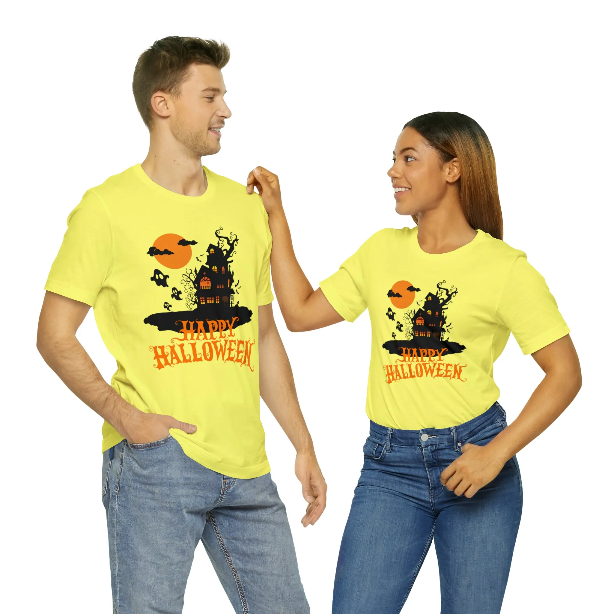 Happy Halloween Haunted House with Bats T-Shirt | Orange and Black Scary Tee |  Bella Canvas 3001Unisex | Creepy Short Sleeve Tshirt