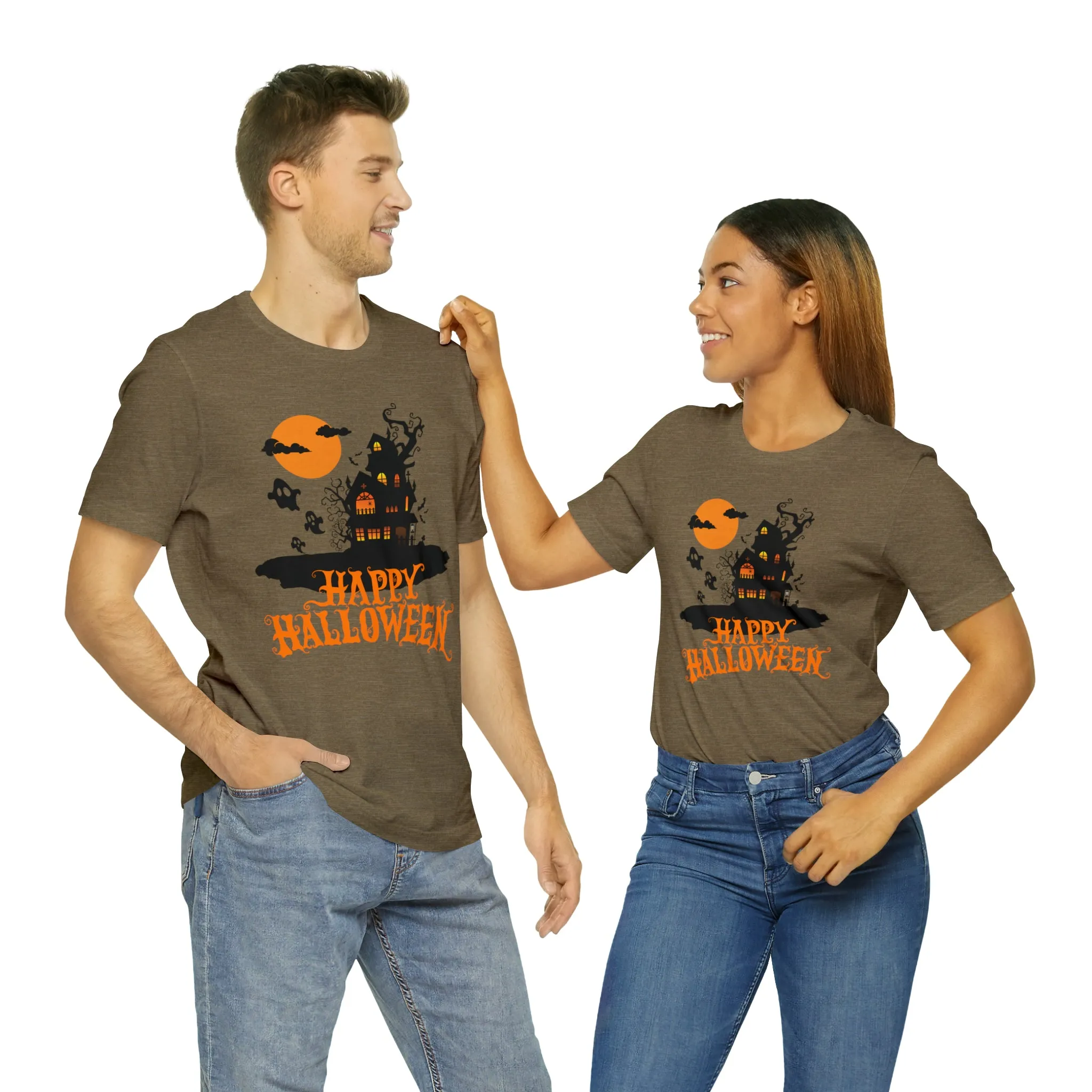 Happy Halloween Haunted House with Bats T-Shirt | Orange and Black Scary Tee |  Bella Canvas 3001Unisex | Creepy Short Sleeve Tshirt