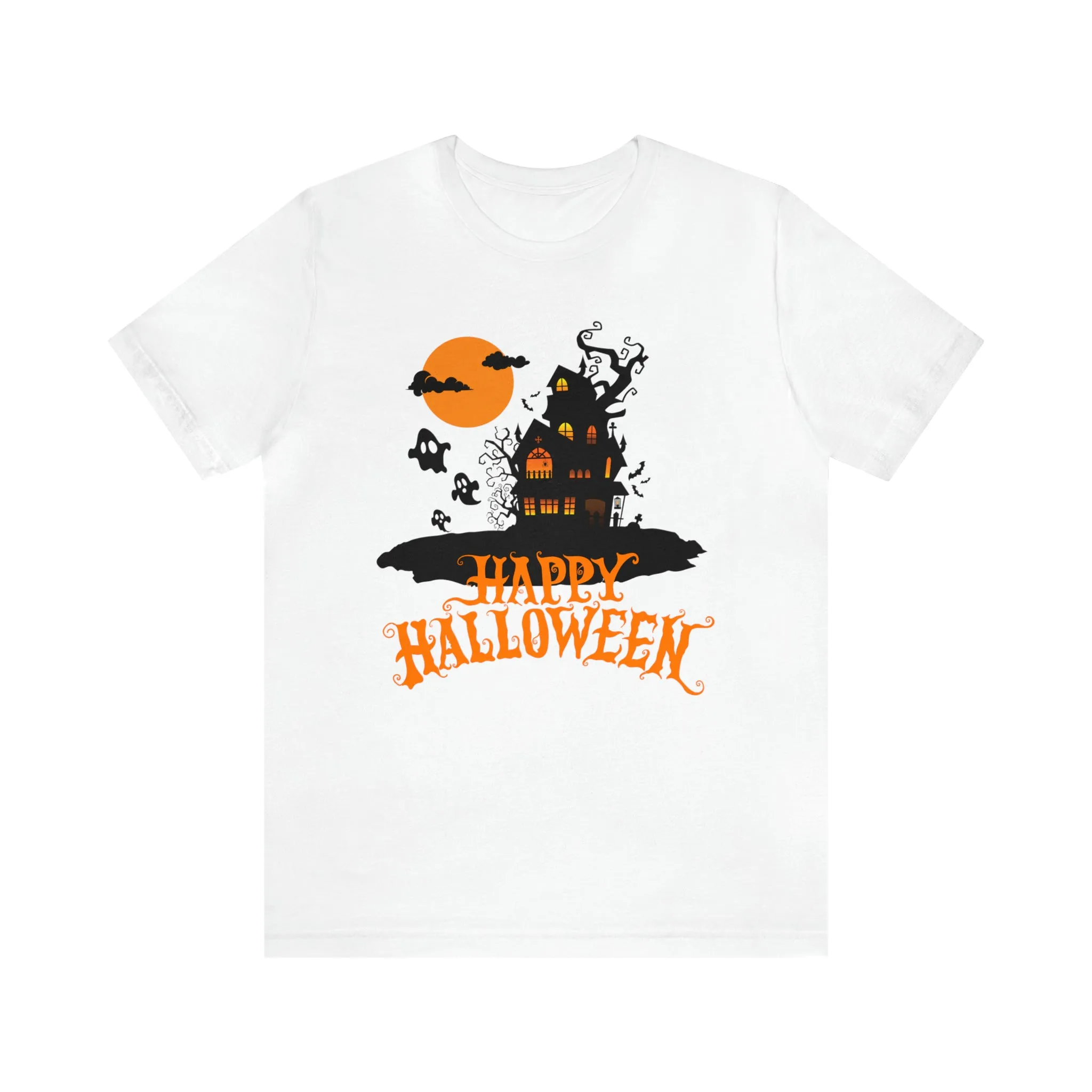 Happy Halloween Haunted House with Bats T-Shirt | Orange and Black Scary Tee |  Bella Canvas 3001Unisex | Creepy Short Sleeve Tshirt
