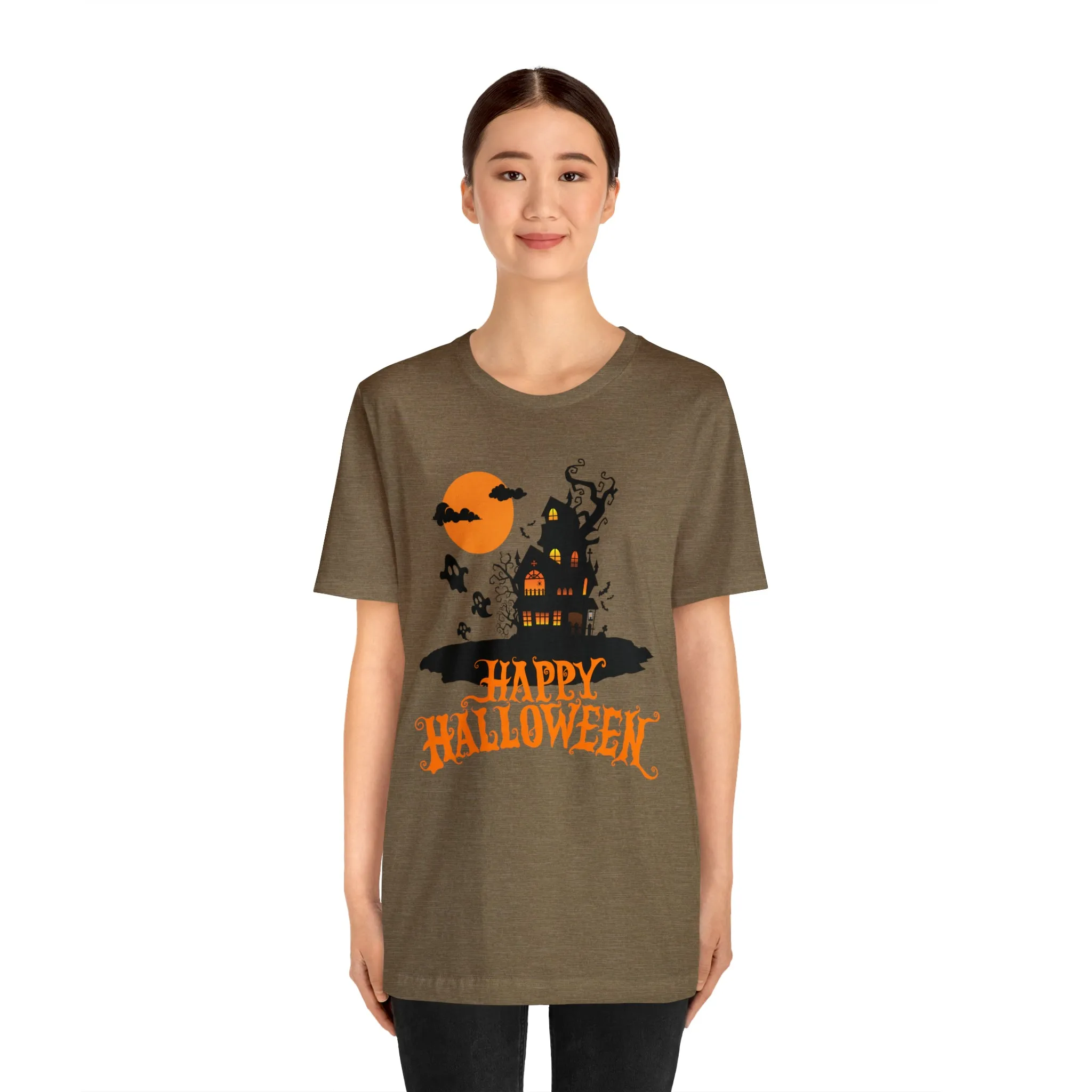 Happy Halloween Haunted House with Bats T-Shirt | Orange and Black Scary Tee |  Bella Canvas 3001Unisex | Creepy Short Sleeve Tshirt