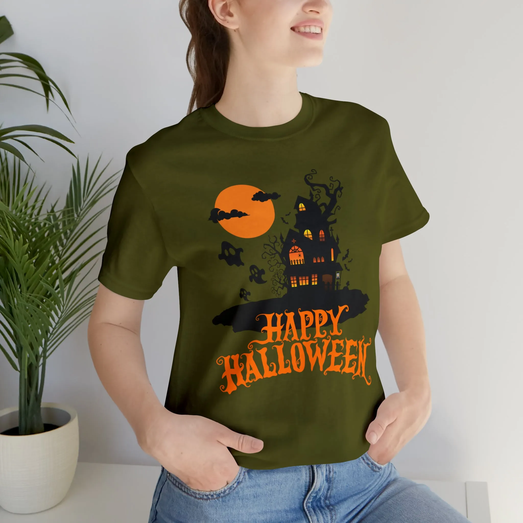 Happy Halloween Haunted House with Bats T-Shirt | Orange and Black Scary Tee |  Bella Canvas 3001Unisex | Creepy Short Sleeve Tshirt