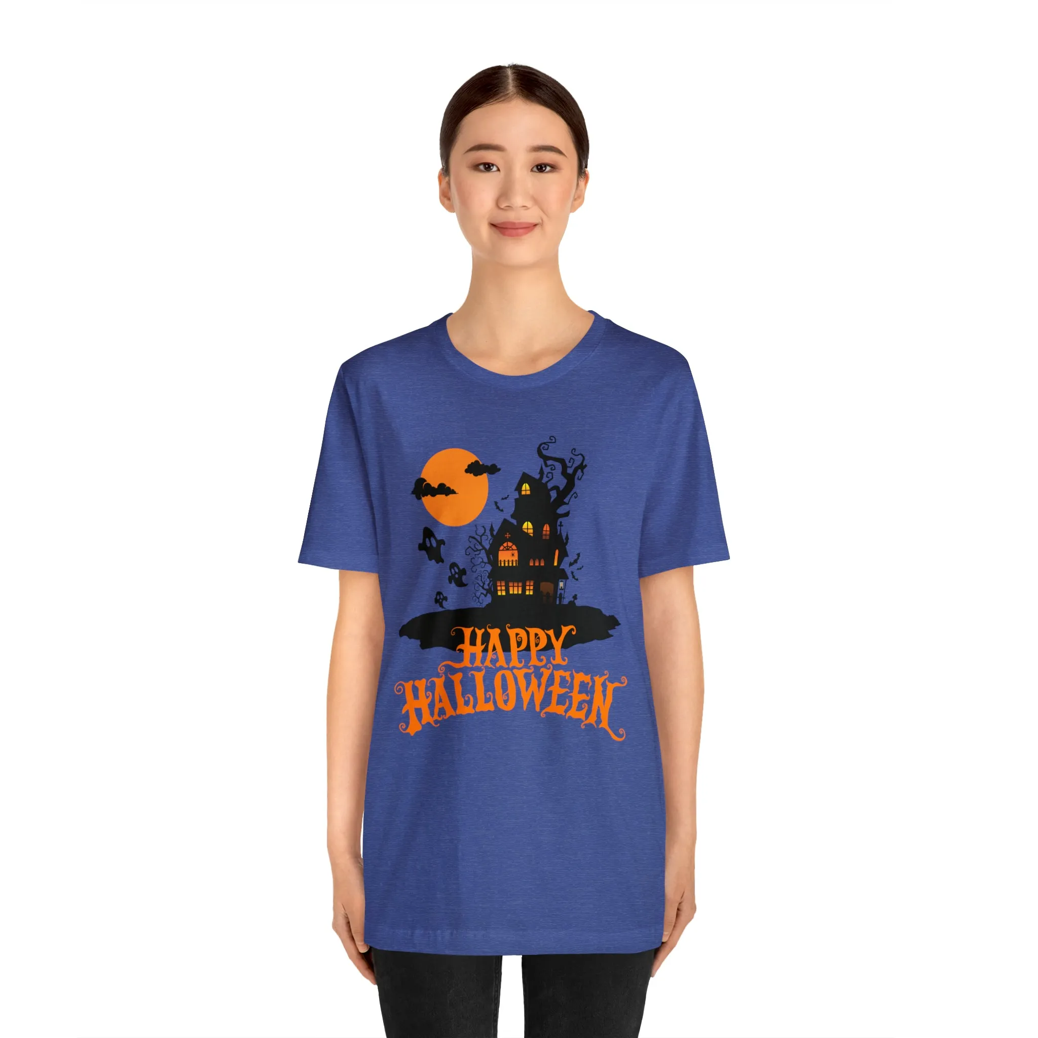 Happy Halloween Haunted House with Bats T-Shirt | Orange and Black Scary Tee |  Bella Canvas 3001Unisex | Creepy Short Sleeve Tshirt