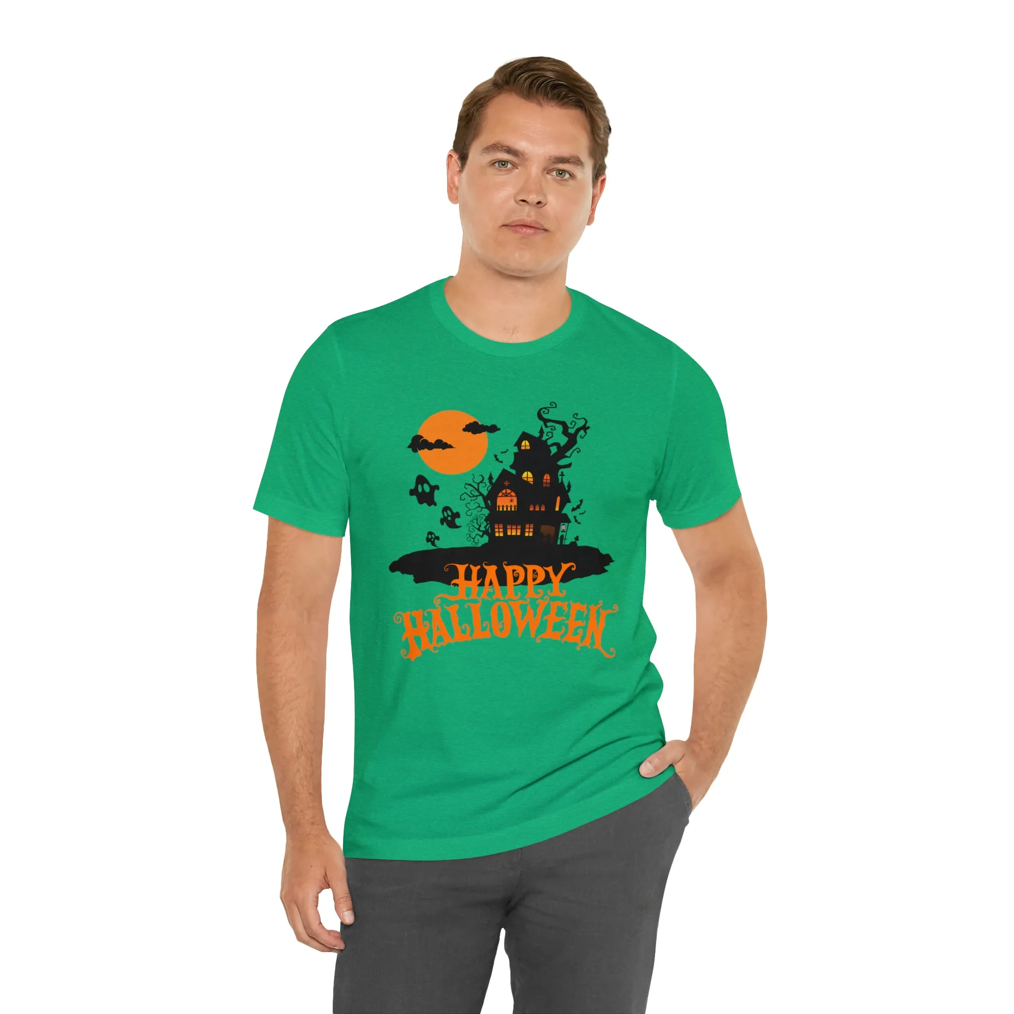 Happy Halloween Haunted House with Bats T-Shirt | Orange and Black Scary Tee |  Bella Canvas 3001Unisex | Creepy Short Sleeve Tshirt
