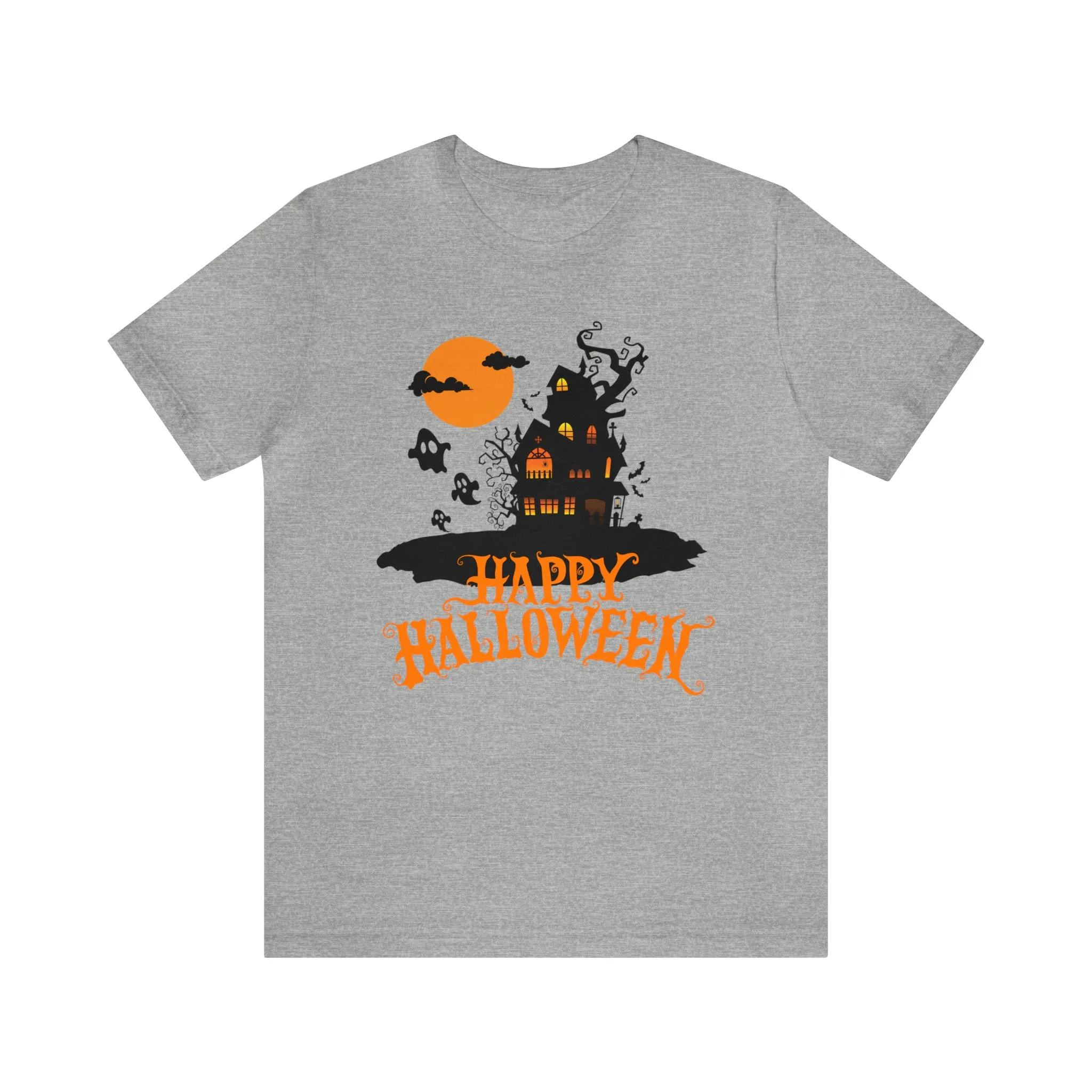 Happy Halloween Haunted House with Bats T-Shirt | Orange and Black Scary Tee |  Bella Canvas 3001Unisex | Creepy Short Sleeve Tshirt