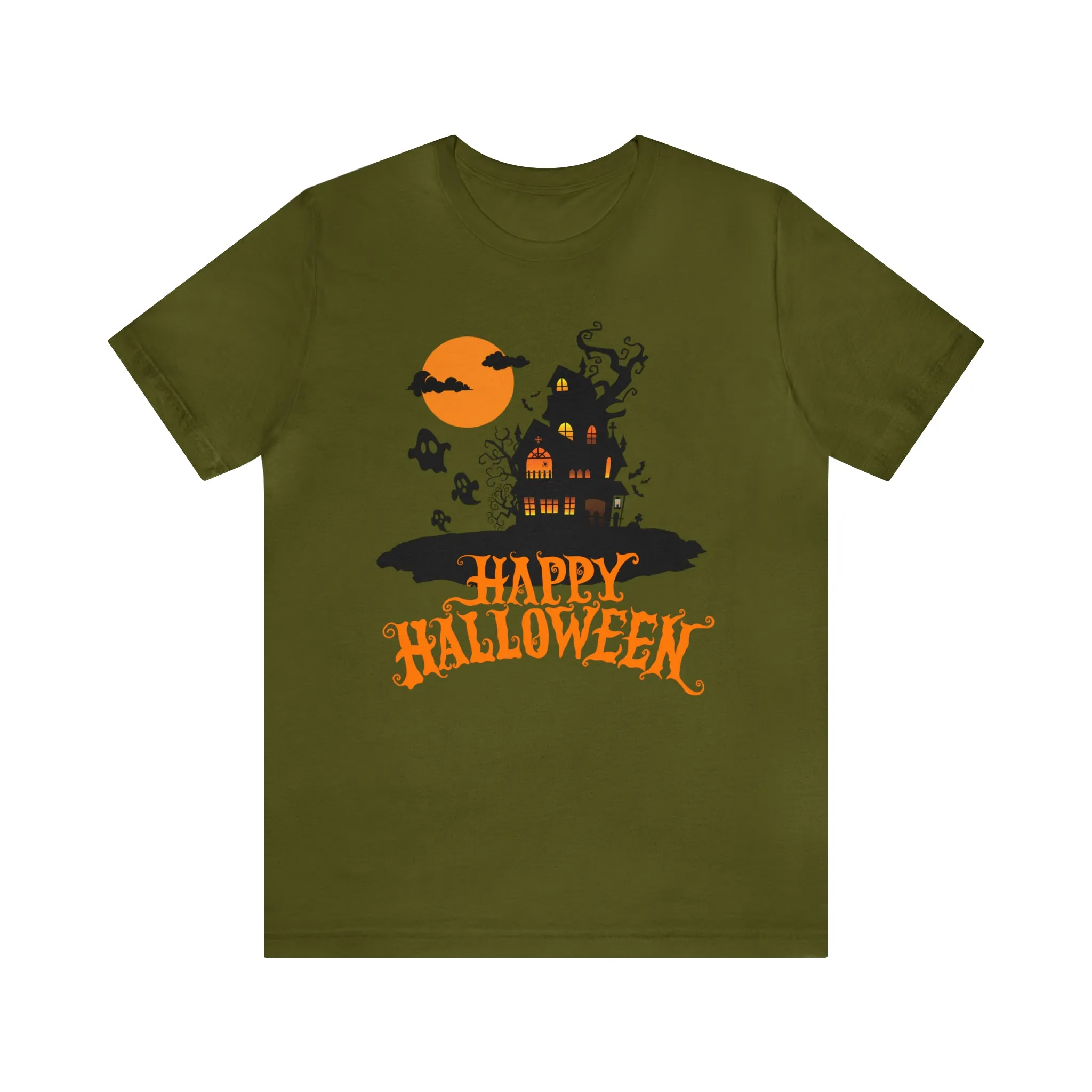 Happy Halloween Haunted House with Bats T-Shirt | Orange and Black Scary Tee |  Bella Canvas 3001Unisex | Creepy Short Sleeve Tshirt