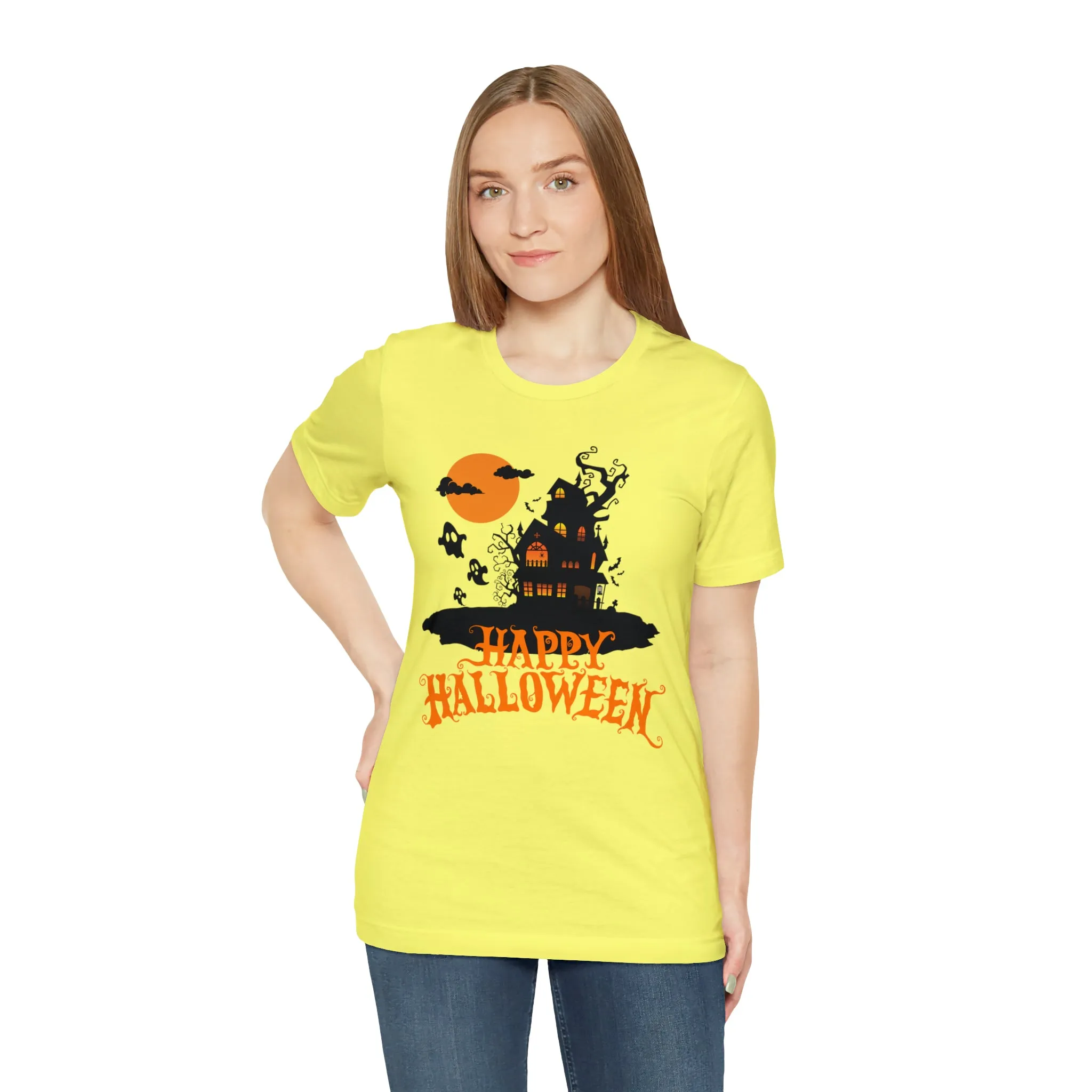Happy Halloween Haunted House with Bats T-Shirt | Orange and Black Scary Tee |  Bella Canvas 3001Unisex | Creepy Short Sleeve Tshirt