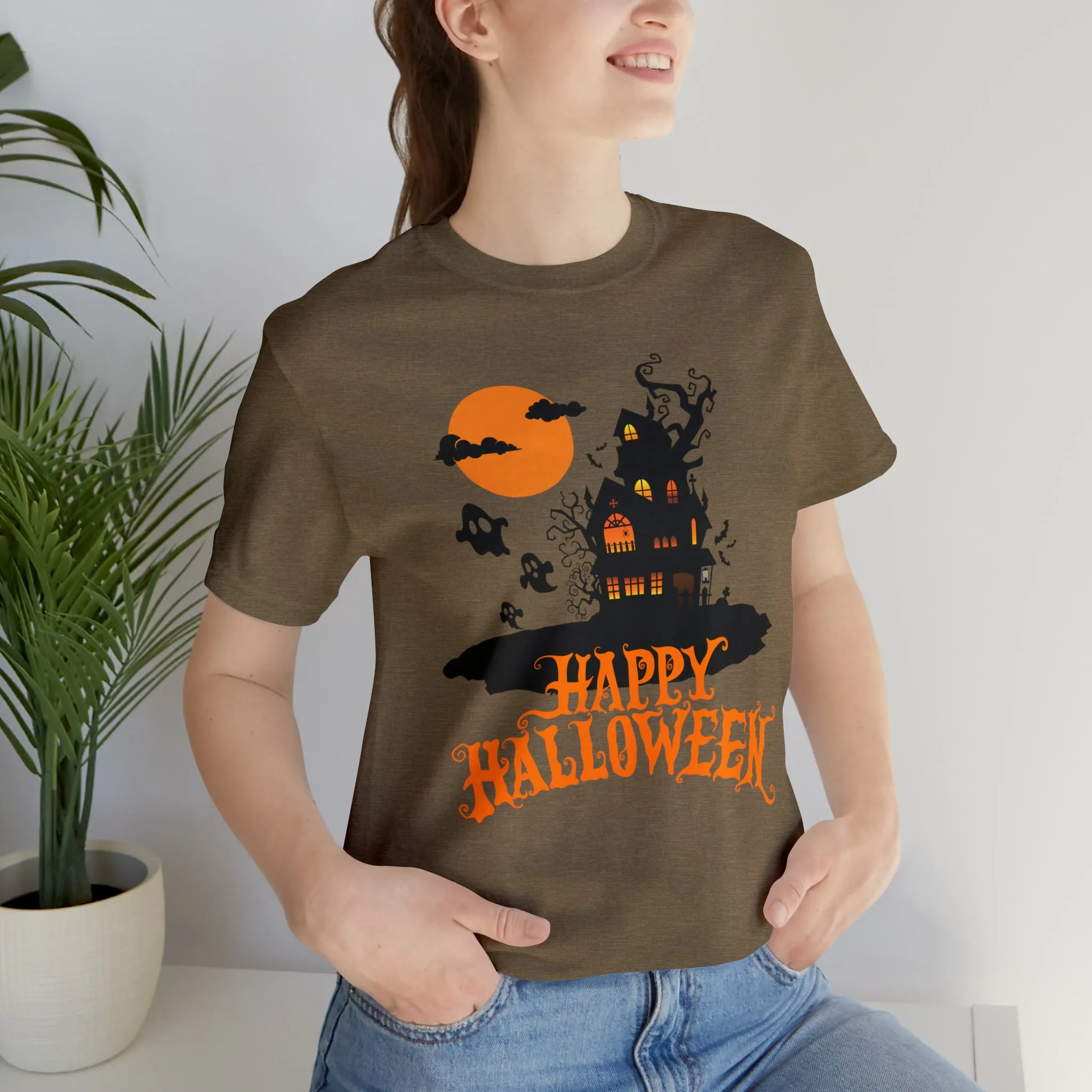 Happy Halloween Haunted House with Bats T-Shirt | Orange and Black Scary Tee |  Bella Canvas 3001Unisex | Creepy Short Sleeve Tshirt