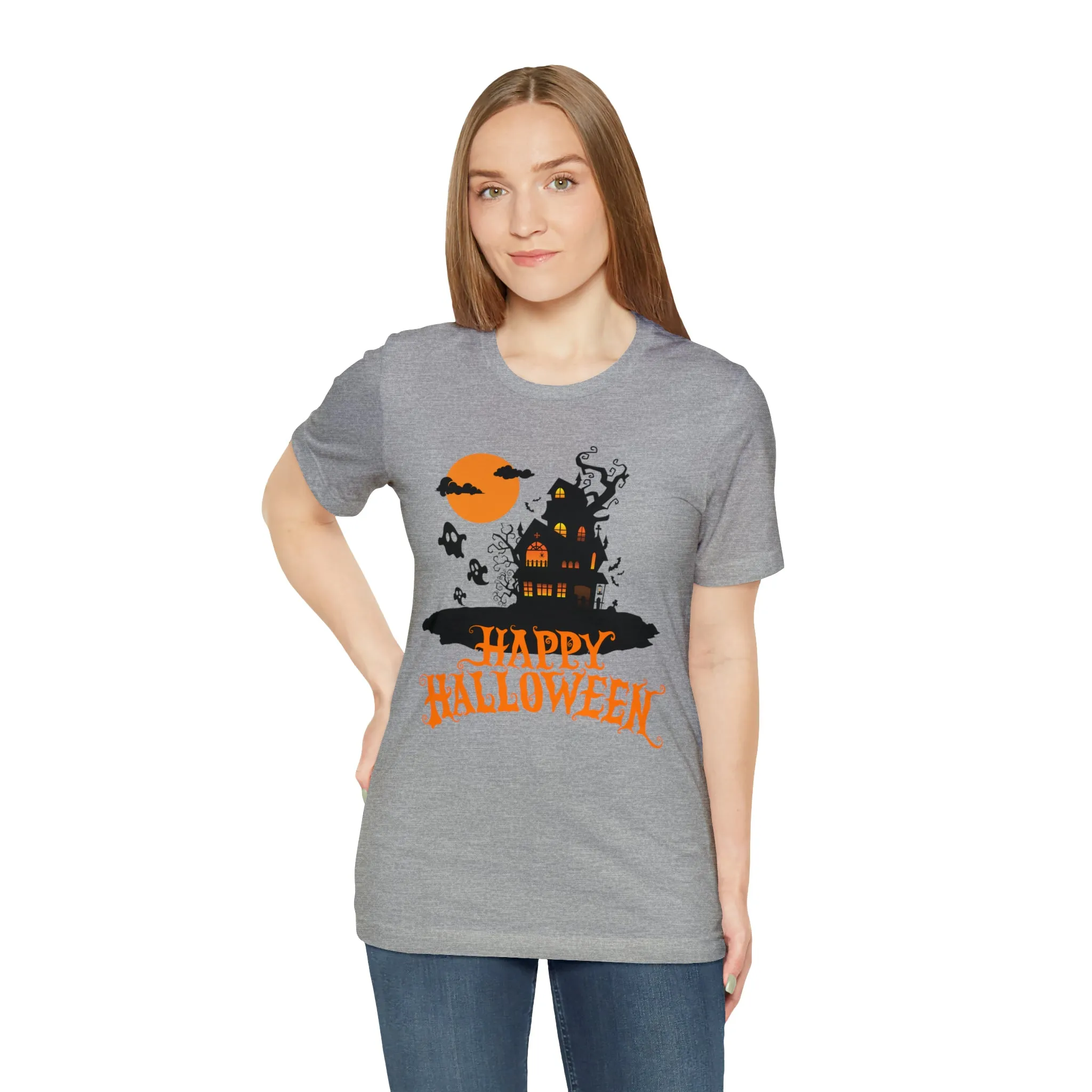 Happy Halloween Haunted House with Bats T-Shirt | Orange and Black Scary Tee |  Bella Canvas 3001Unisex | Creepy Short Sleeve Tshirt