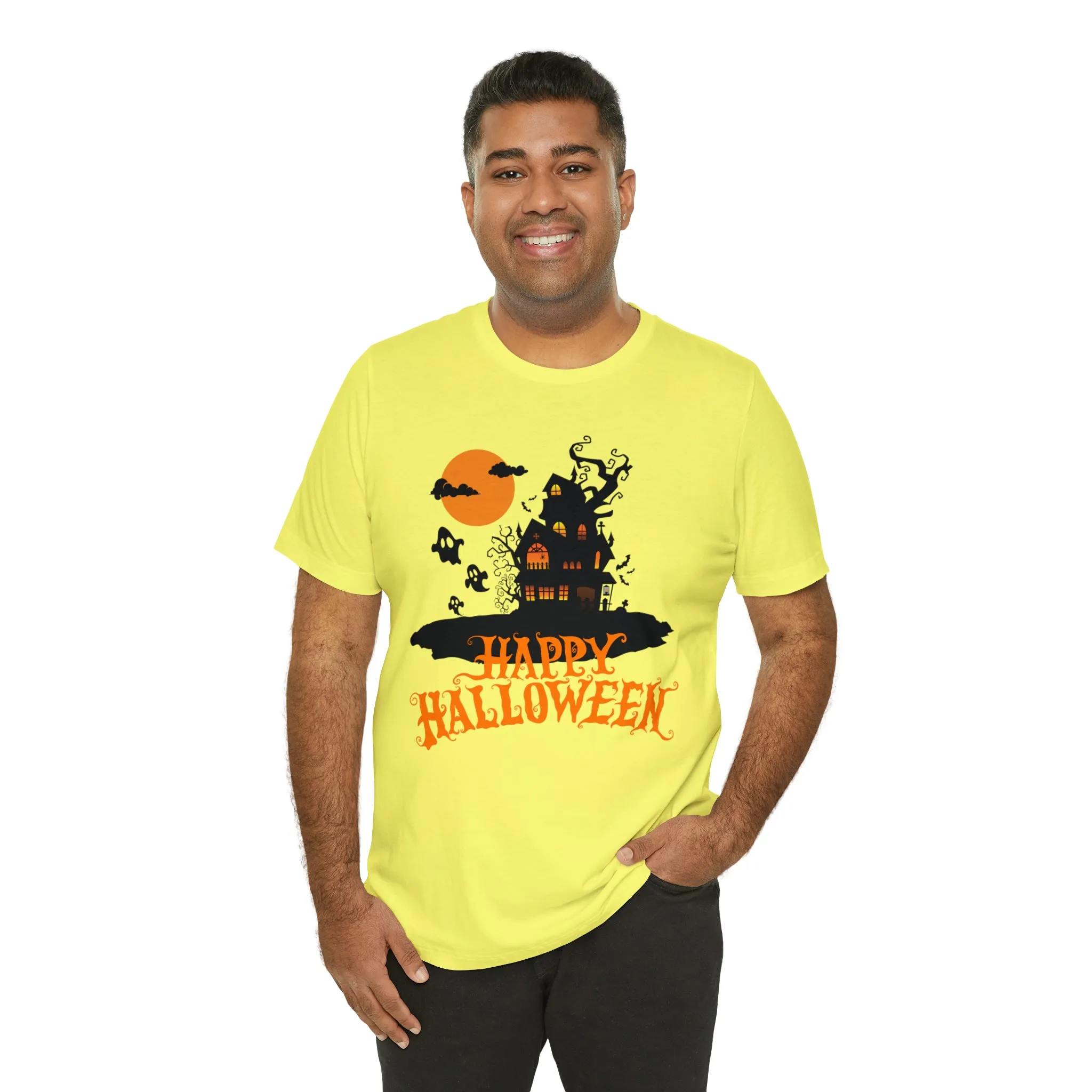 Happy Halloween Haunted House with Bats T-Shirt | Orange and Black Scary Tee |  Bella Canvas 3001Unisex | Creepy Short Sleeve Tshirt