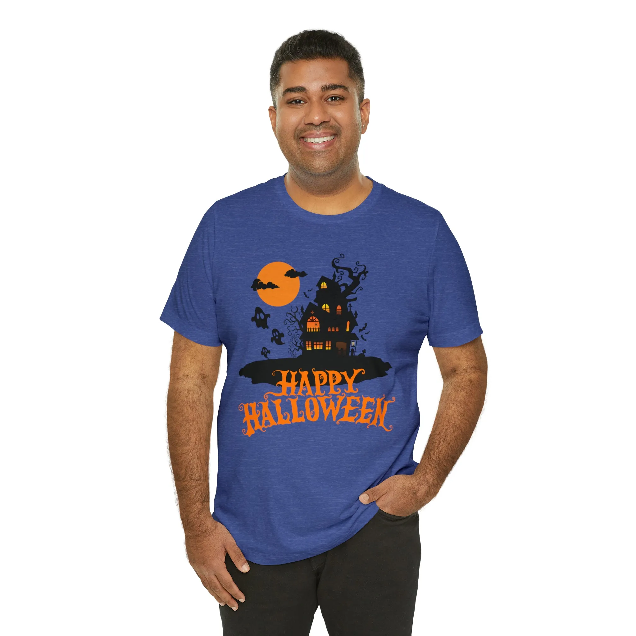 Happy Halloween Haunted House with Bats T-Shirt | Orange and Black Scary Tee |  Bella Canvas 3001Unisex | Creepy Short Sleeve Tshirt