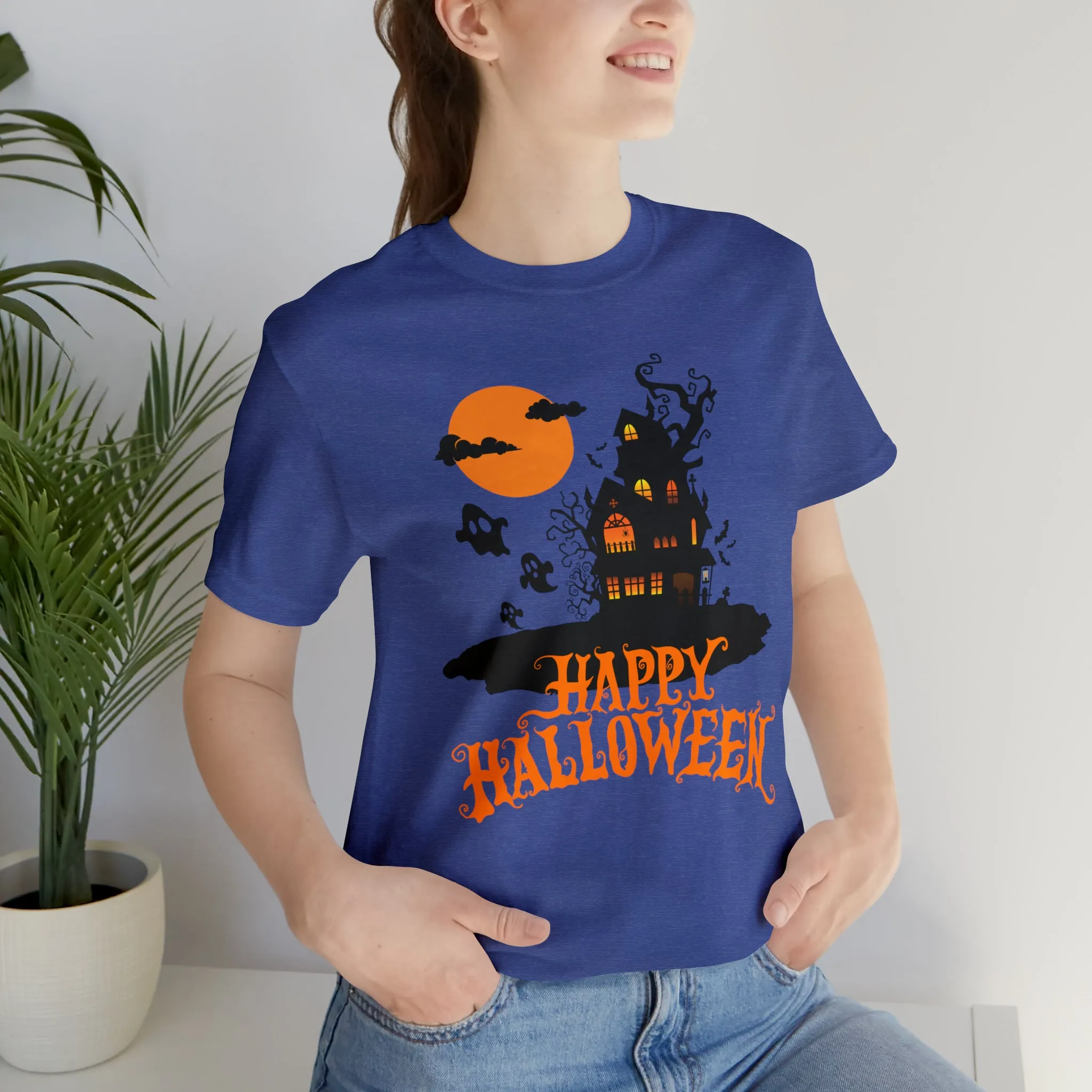 Happy Halloween Haunted House with Bats T-Shirt | Orange and Black Scary Tee |  Bella Canvas 3001Unisex | Creepy Short Sleeve Tshirt