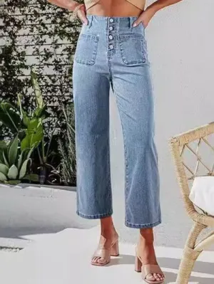 Hazel Blues® |  Button Fly Cropped Jeans with Pockets