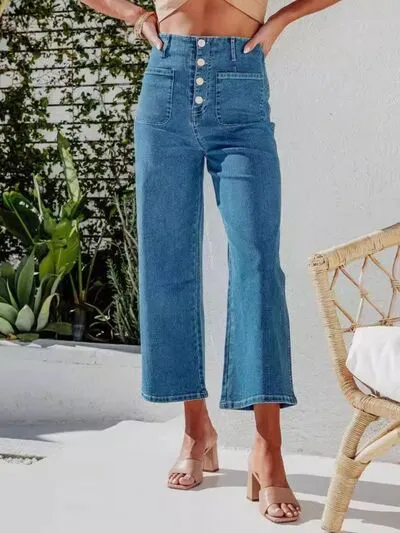 Hazel Blues® |  Button Fly Cropped Jeans with Pockets