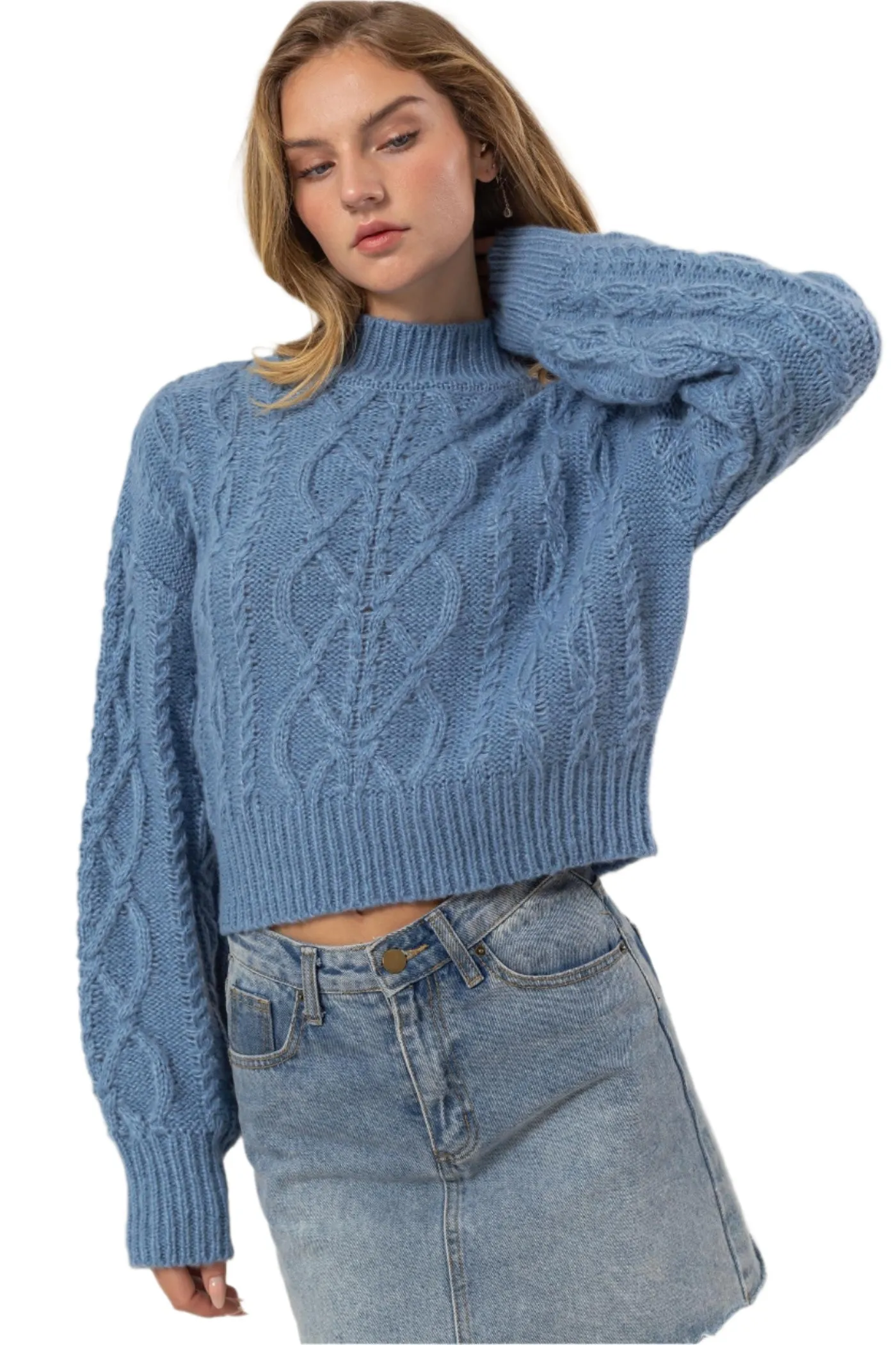 HYFVE Cable-Knit Mock Neck Dropped Shoulder Sweater