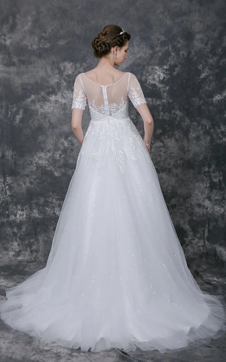 Illusion Short Lace Sleeve Bateau Neck A-line Tulle Gown-ZP_706258