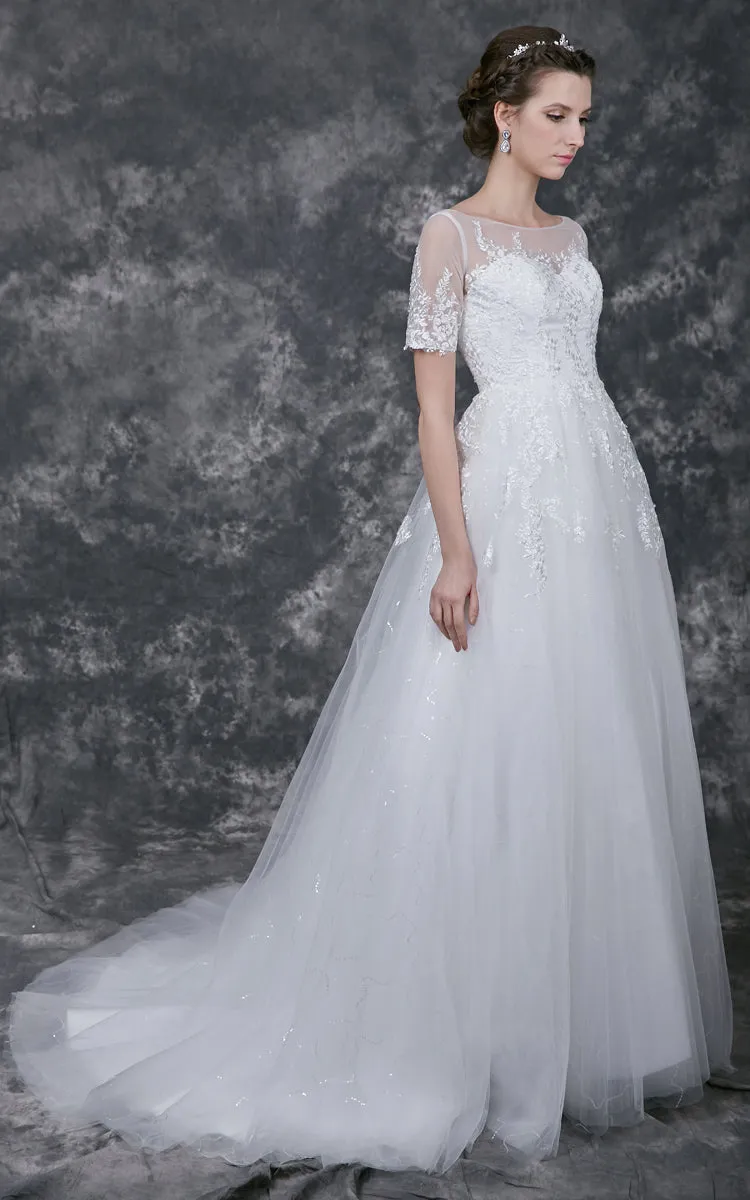Illusion Short Lace Sleeve Bateau Neck A-line Tulle Gown-ZP_706258