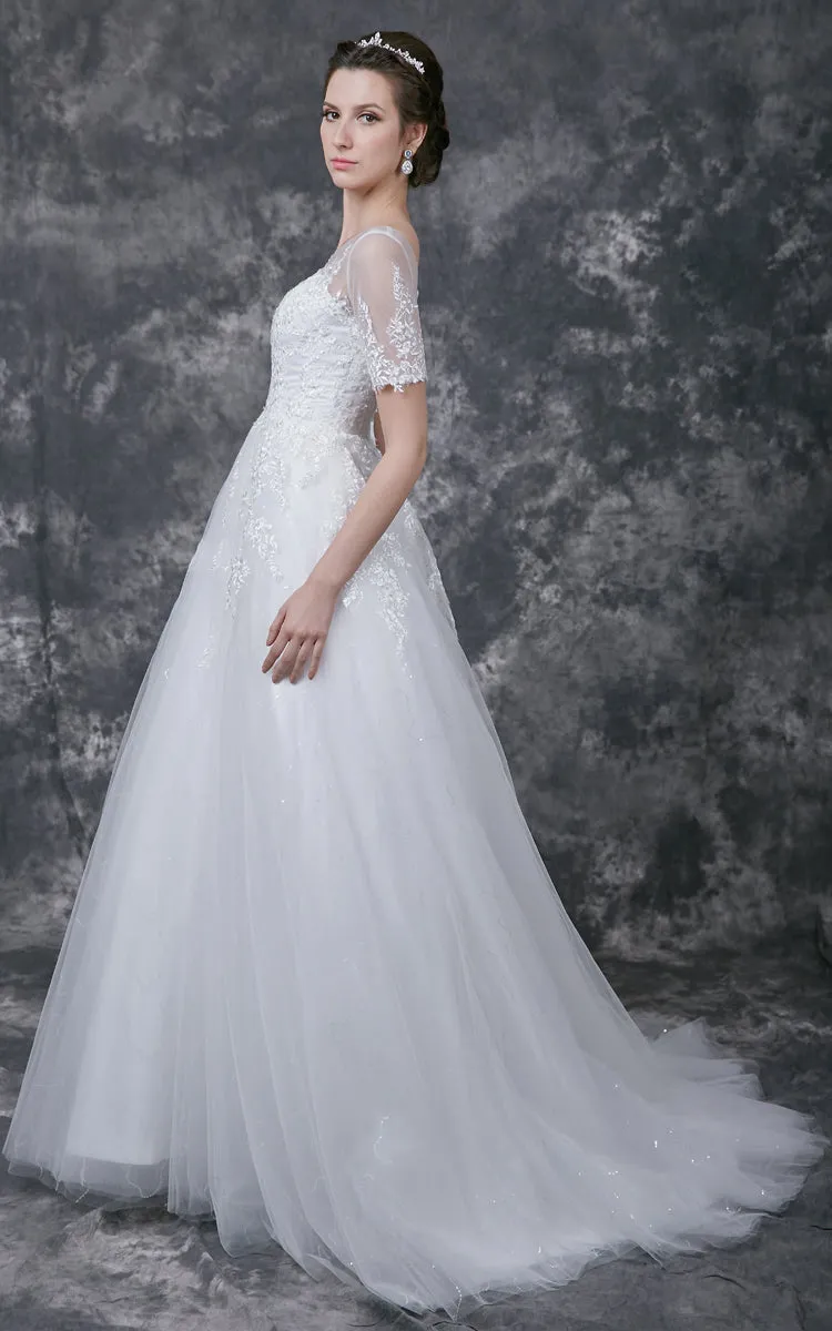 Illusion Short Lace Sleeve Bateau Neck A-line Tulle Gown-ZP_706258