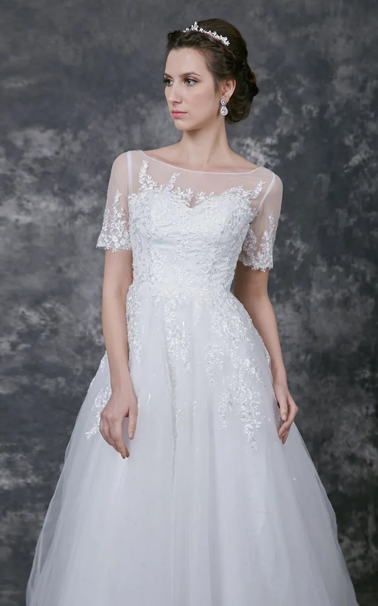 Illusion Short Lace Sleeve Bateau Neck A-line Tulle Gown-ZP_706258