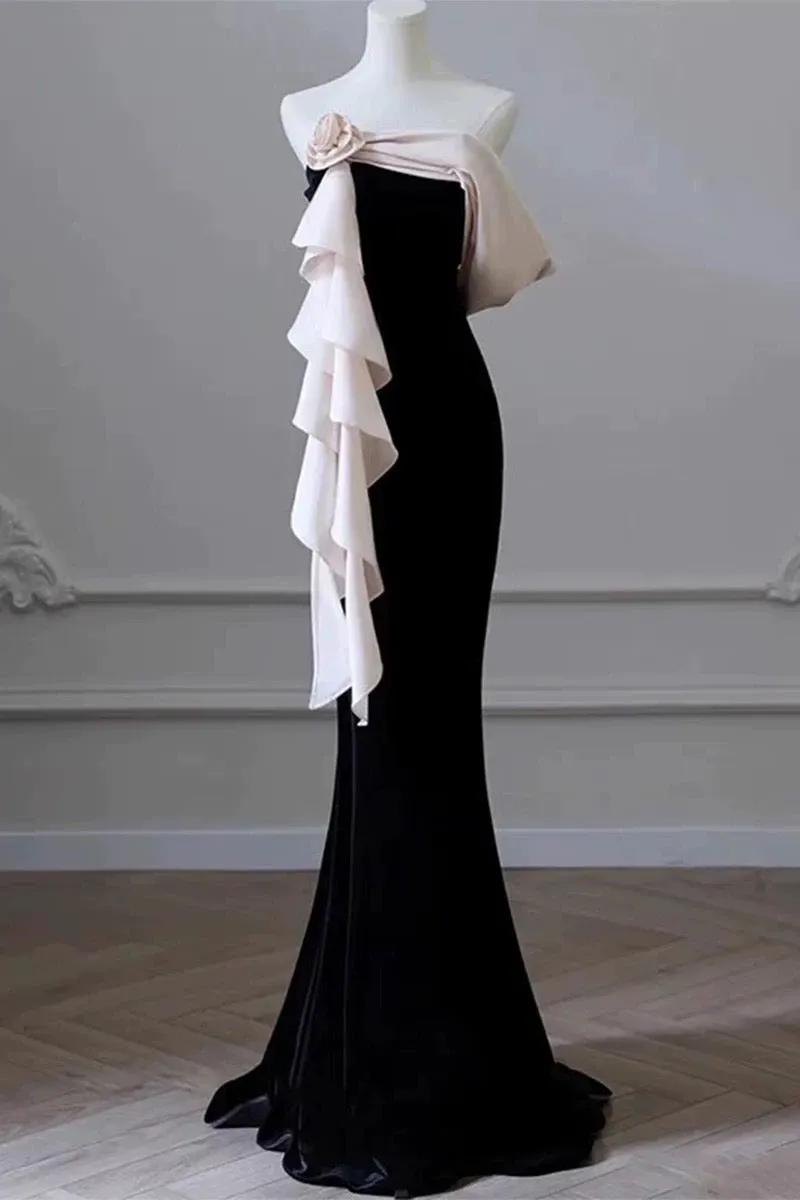 JazzHer Elegant Mermaid Strapless Black Velvet Flowers Ruffles Prom Dresses Party Dresses (PRE-ORDER)
