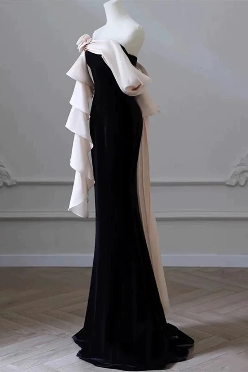 JazzHer Elegant Mermaid Strapless Black Velvet Flowers Ruffles Prom Dresses Party Dresses (PRE-ORDER)