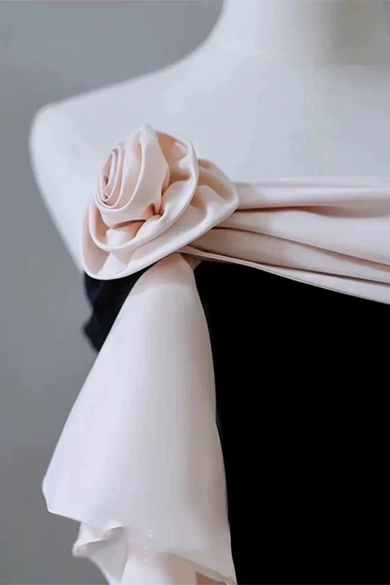 JazzHer Elegant Mermaid Strapless Black Velvet Flowers Ruffles Prom Dresses Party Dresses (PRE-ORDER)