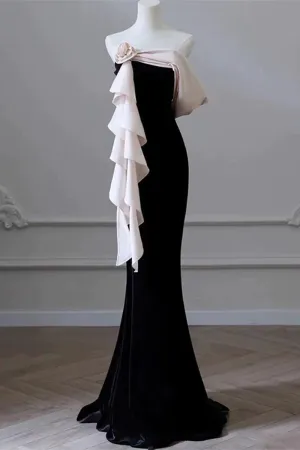 JazzHer Elegant Mermaid Strapless Black Velvet Flowers Ruffles Prom Dresses Party Dresses (PRE-ORDER)