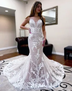 Jessie | Champagne Mermaid Spaghetti Straps Sweep Train Wedding Dress