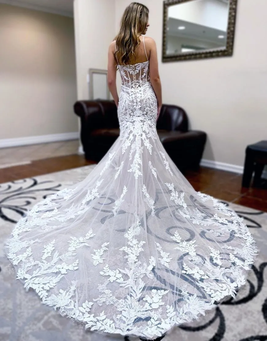 Jessie | Champagne Mermaid Spaghetti Straps Sweep Train Wedding Dress