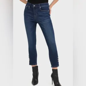 Joseph Ribkoff Cropped Pearl Embellished Jeans Size 8 Slim Fit Stretch