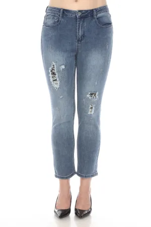 Joseph Ribkoff Denim Medium Blue Distressed Embellished Cropped Jeans 242921